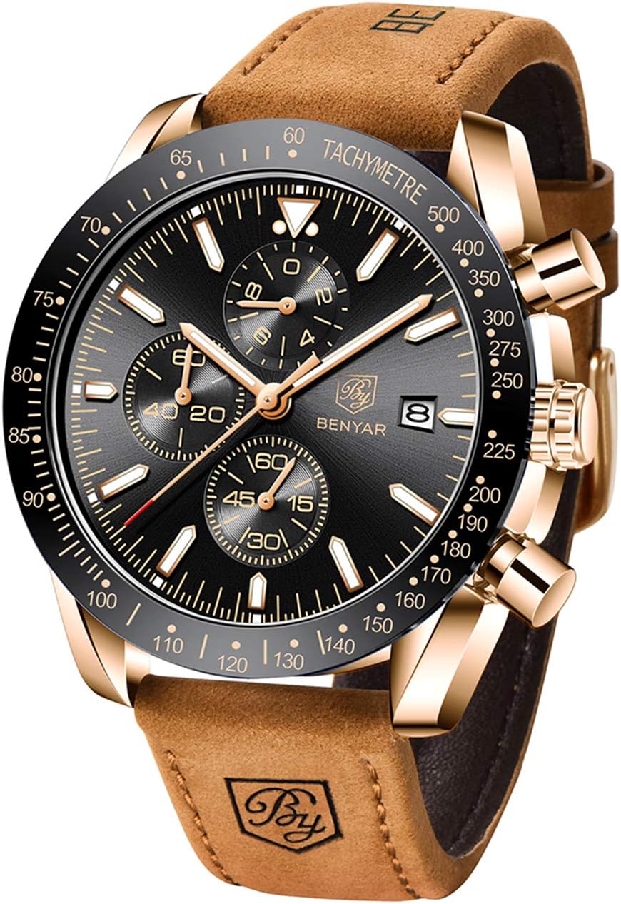 BENYAR Men's Watch Quartz Sports Chronograph Fashion Business Luxury Brand Waterproof Watch Analog Date Men's Brown Leather Watch for Men