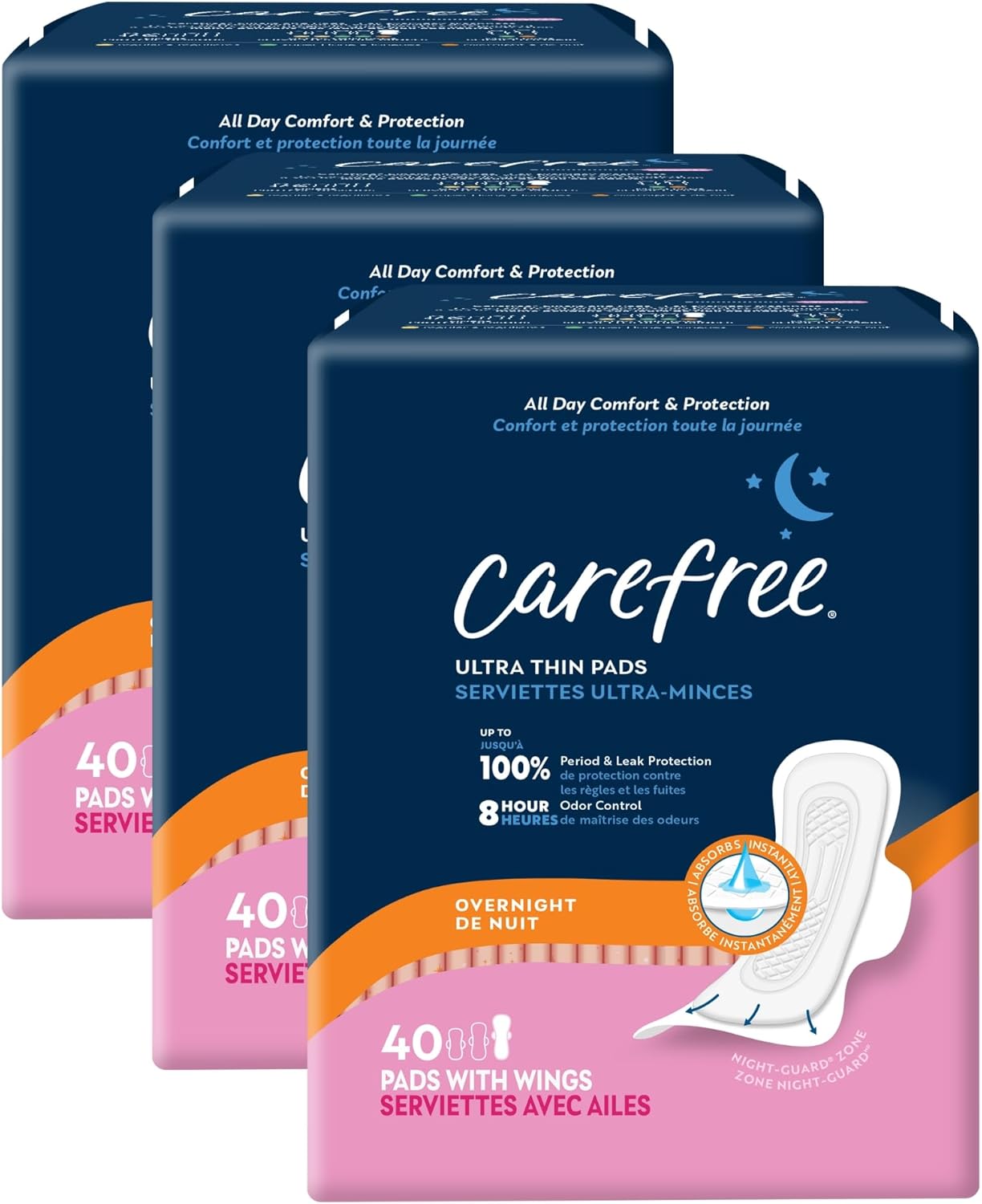 Carefree Ultra Thin Pads for Women, Overnight Pads with Wings, 120ct (3 Packs of 40ct) | Carefree Feminine Care, Period Care & Postpartum | 120ct (3 Packs of 40ct)