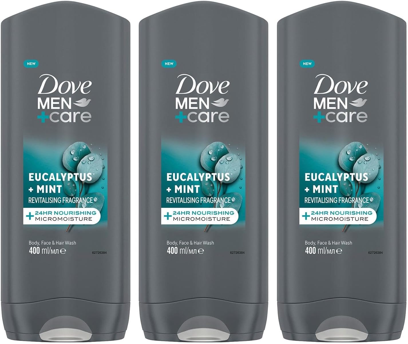 Dove Men+ Care 3-in-1 Body, Face and Hair Wash Eucalyptus + Mint 24H Nourishment with Relaxing and Fresh Scent Body Wash for Healthier, Smoother Feeling Skin, 400ml Pack of 3