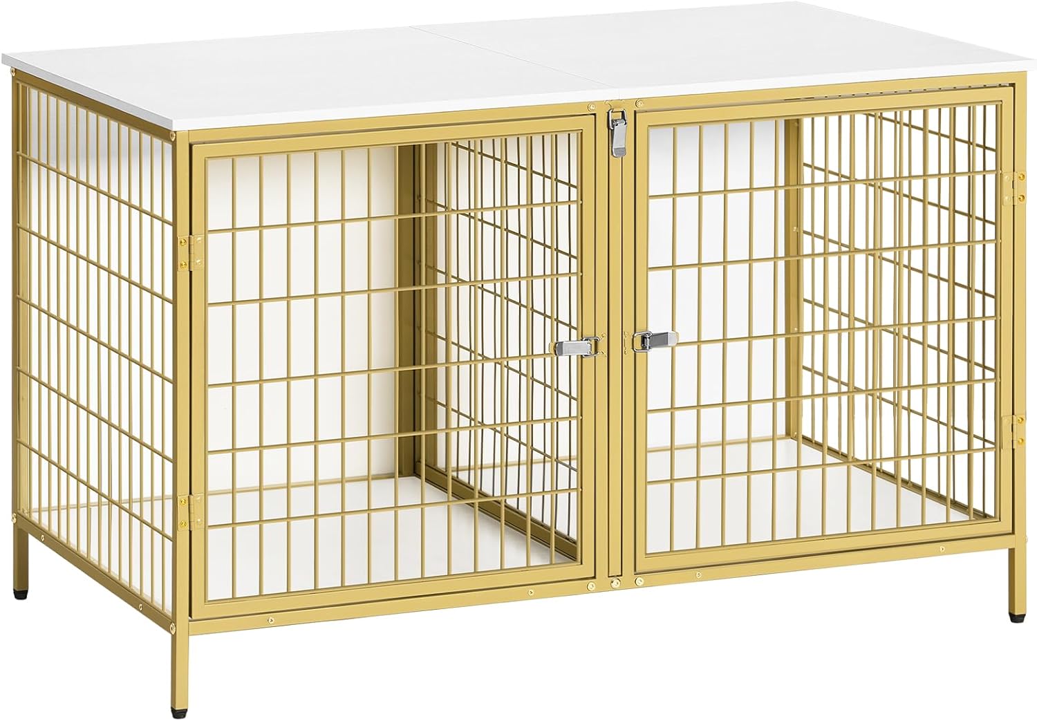 Dog Crate Furniture for 2 Dogs, 43.3" Dog Kennel with Removable Divider, Heavy Duty Wooden Dog Kennel for Small Medium Dog, Indoor Dog Cage End Table with Double Doors, White and Gold