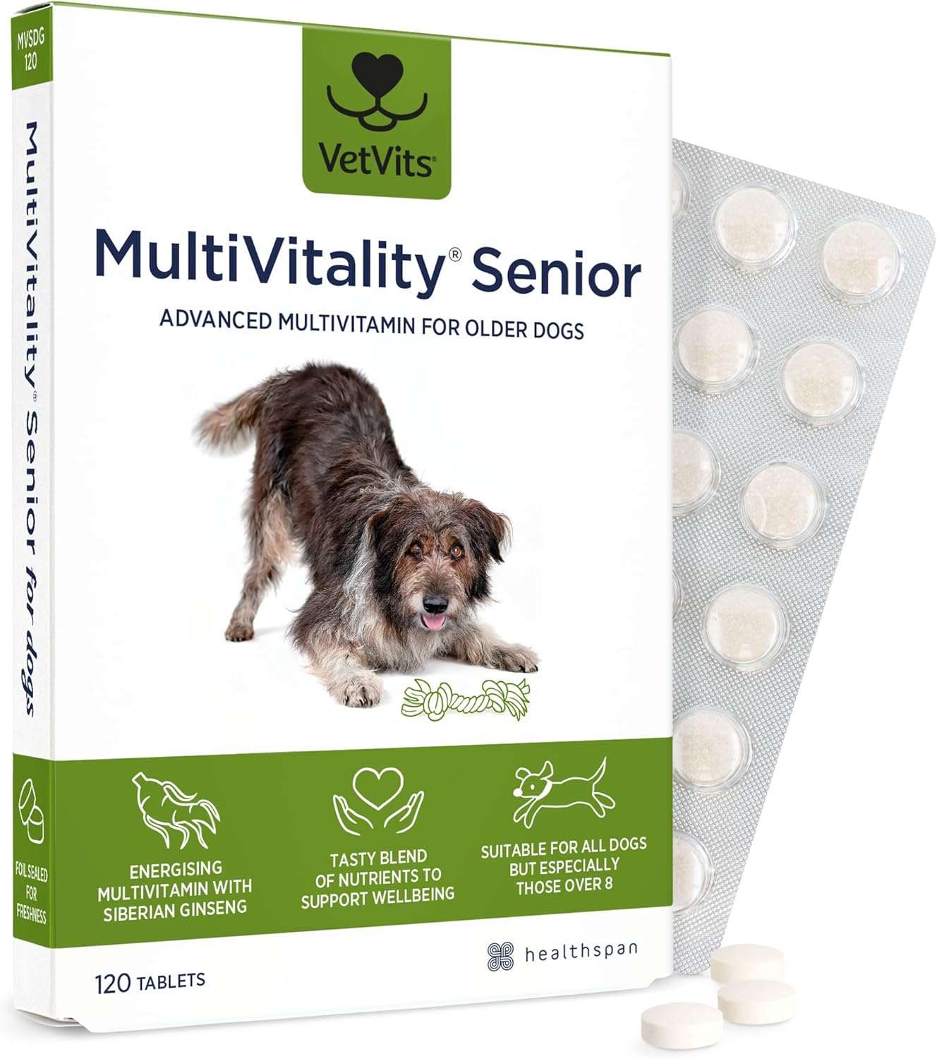 VetVits MultiVitality (120 tablets) | Senior Advanced multivitamin for older dogs | Boosts energy and wellbeing | 15 essential nutrients | For energy, heart, joints and vitality