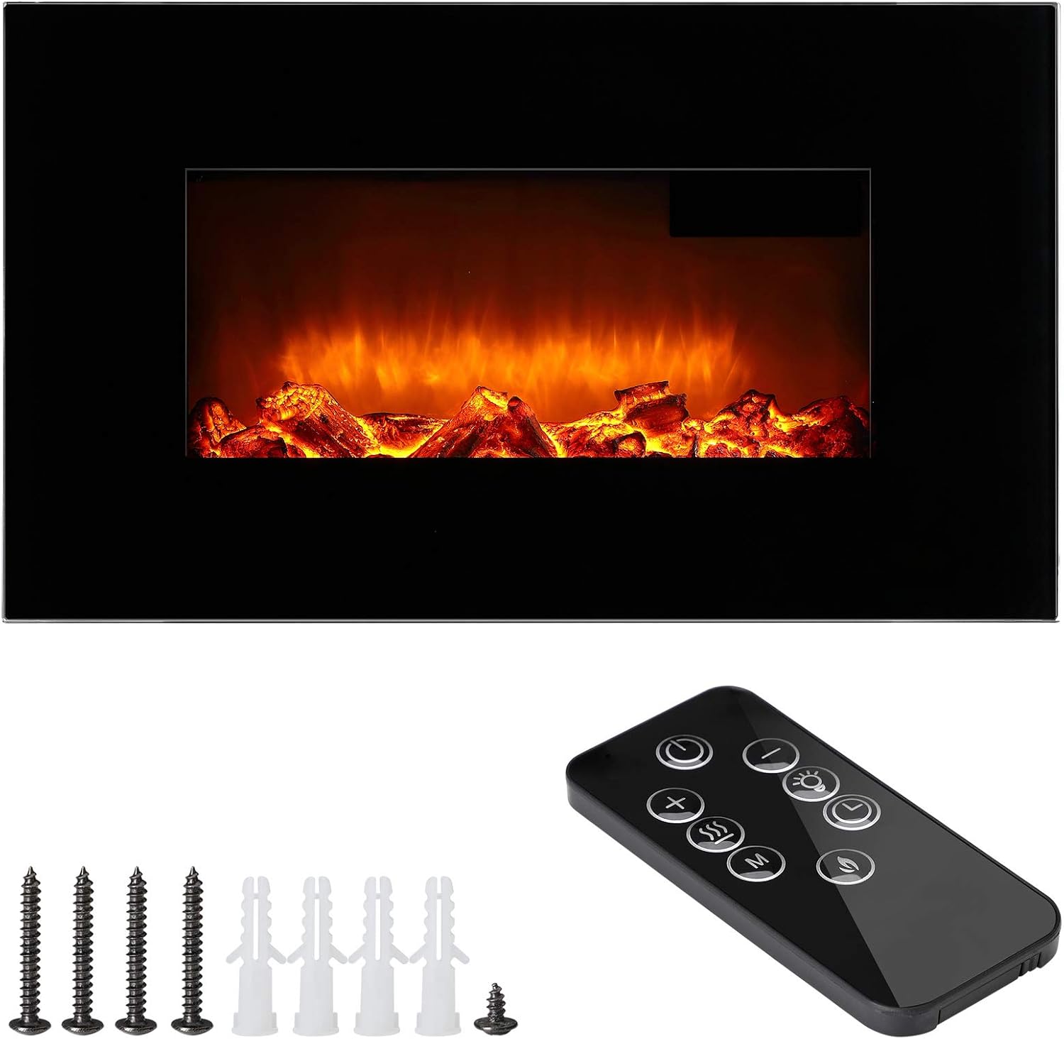 MONZANA® Wall Mounted Electric Heater With Remote Control & Timer, Thermostat, 900W/1800W, Fan Heater With Flame Effect, Electric Fire for Home Heating, Black