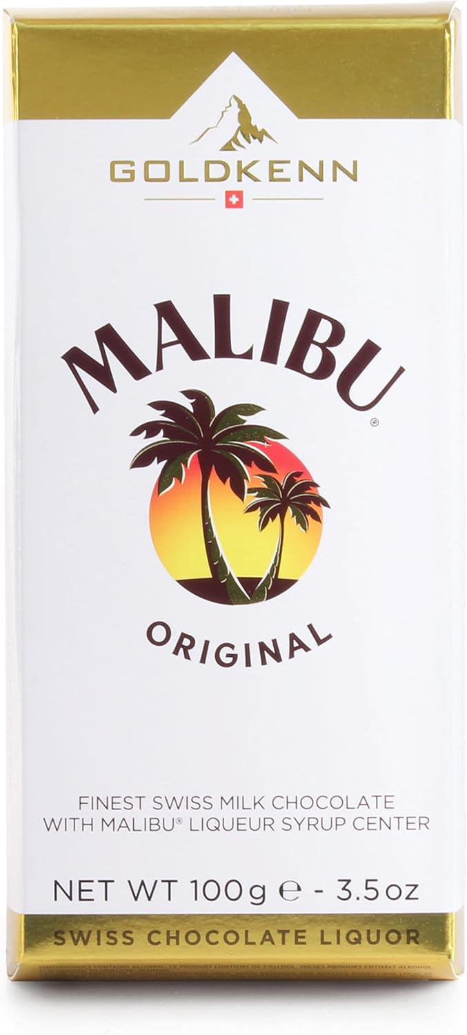 Goldkenn Malibu Liquer Chocolate Bar - 100g | Luxurious Taste | Crafted With the Finest Swiss Milk Chocolate | Filled with a Decadent Malibu Liqueur Syrup Centre | Sophisticated Treat for Adults