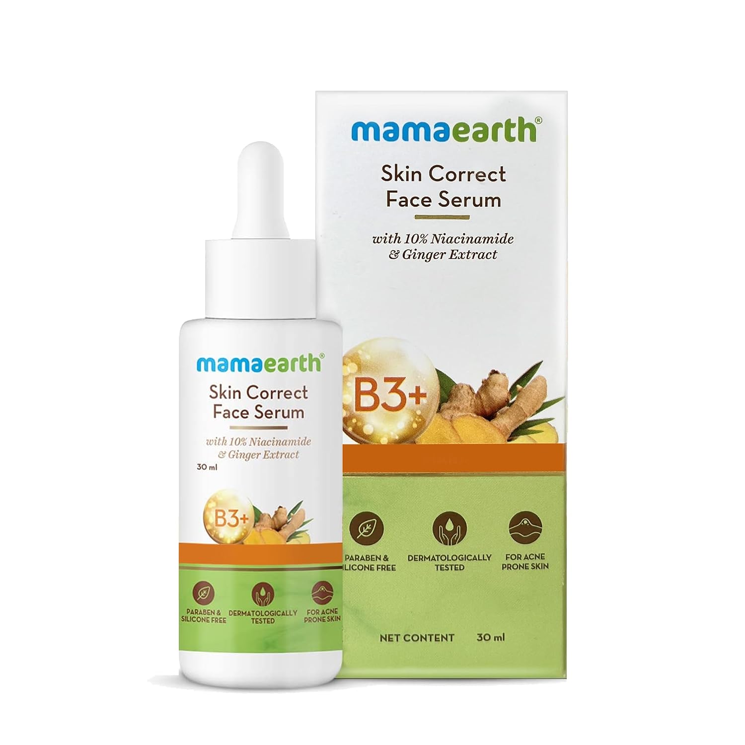 Mamaearth Skin Correct Face Serum | with Niacinamide and Ginger Extract to Reduce Acne Marks and Scars | Hydrating Serum Minimizes Open Pores | 1.01 Fl Oz/30ml