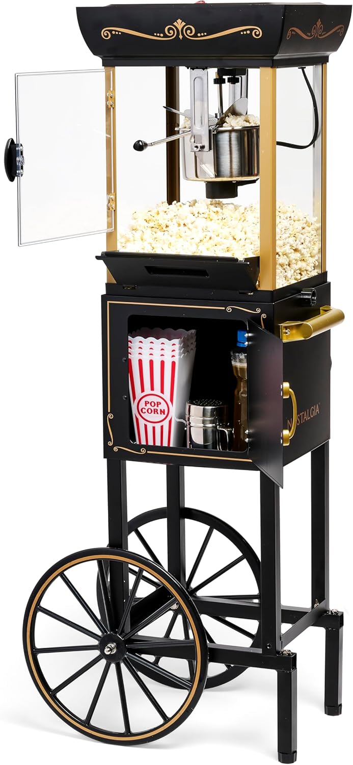 Nostalgia Popcorn Maker Machine - Professional Cart With 2.5 Oz Kettle Makes Up to 10 Cups - Vintage Popcorn Machine Movie Theater Style - Black
