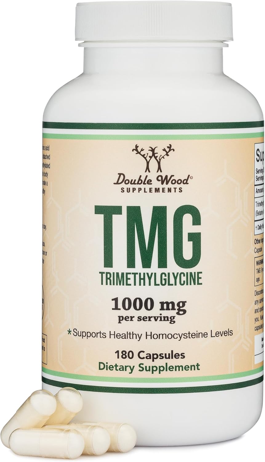 Double Wood Supplements TMG Trimethylglycine Supplement 1,000mg Per Serving, 180 Capsules (TMG Supplements for Homocysteine Control) Genuine TMG with Fishy Smell, Gluten Free, Non-GMO