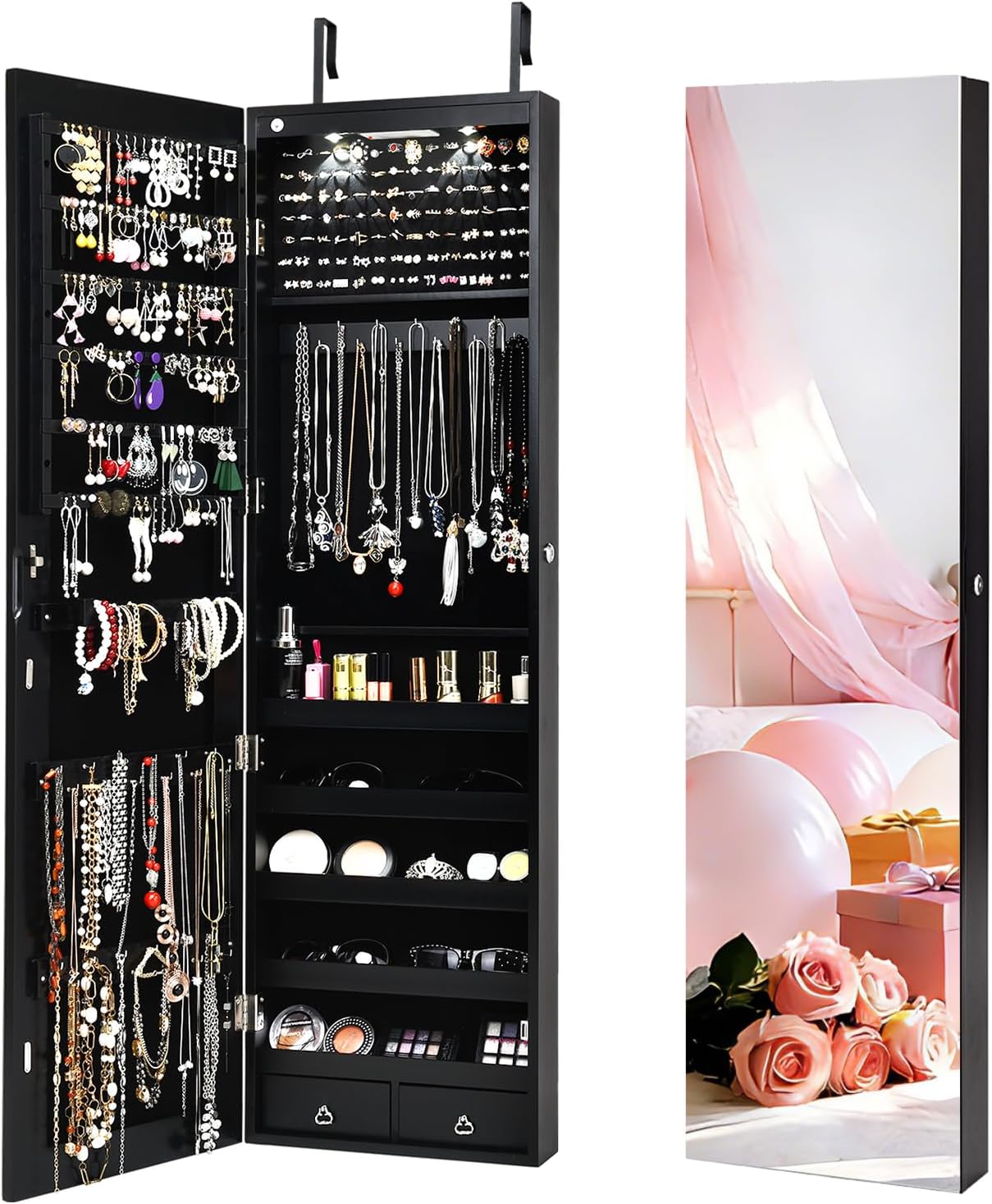 NAFORT 2 LEDs Jewelry Armoire with Full Length Mirror, 47.5" H Wall or Door Mounted Jewelry Cabinet with 2 Drawers, Lockable Jewelry Organizers and Storage, Hanging Jewelry Organizer, Black