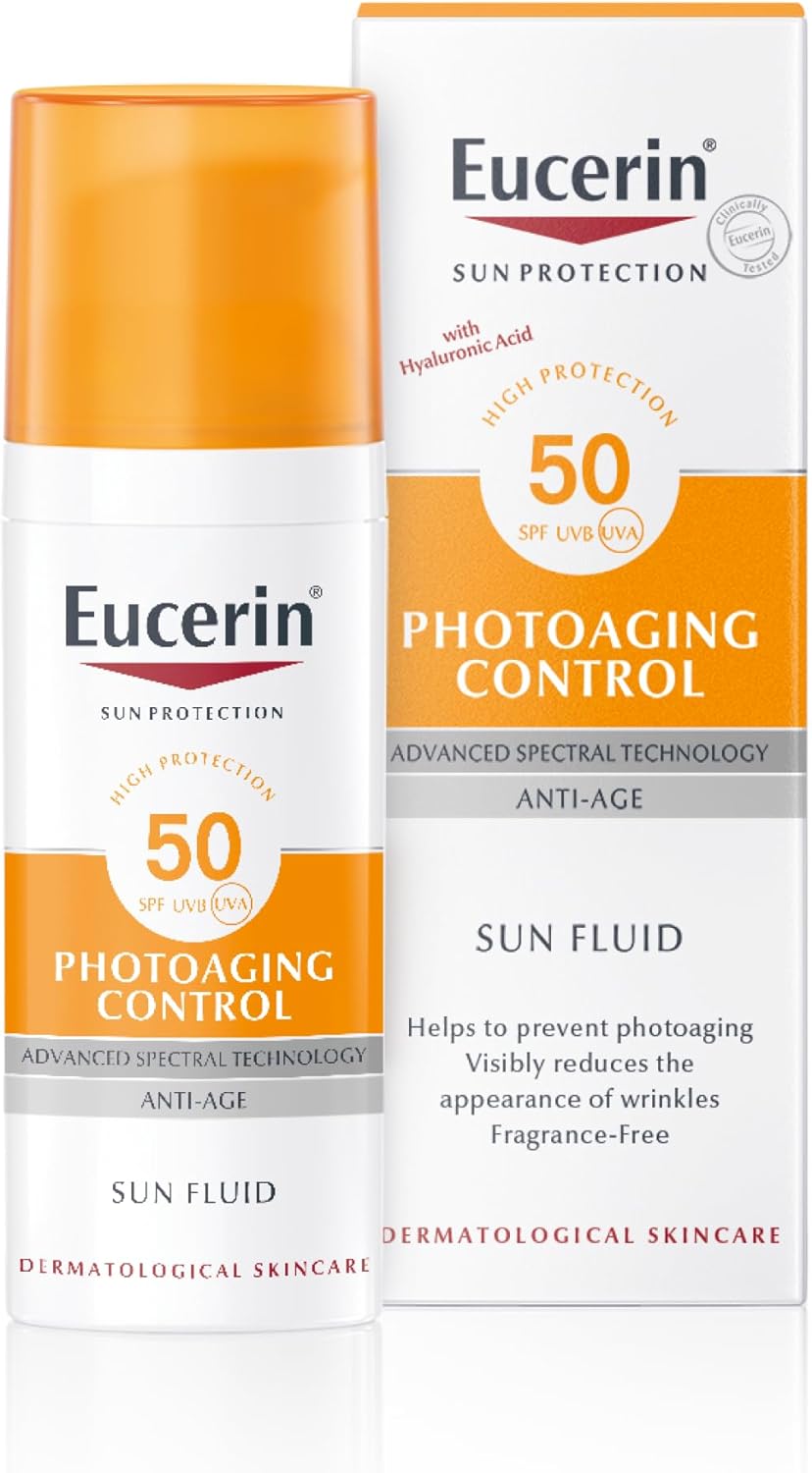 Eucerin Photoageing Control Sun Fluid SPF 50+ 50ml, Advanced Protection from Sun-Induced Photoageing and Wrinkles, Anti-Age Facial Sunscreen with UV Filter and Hyaluronic Acid