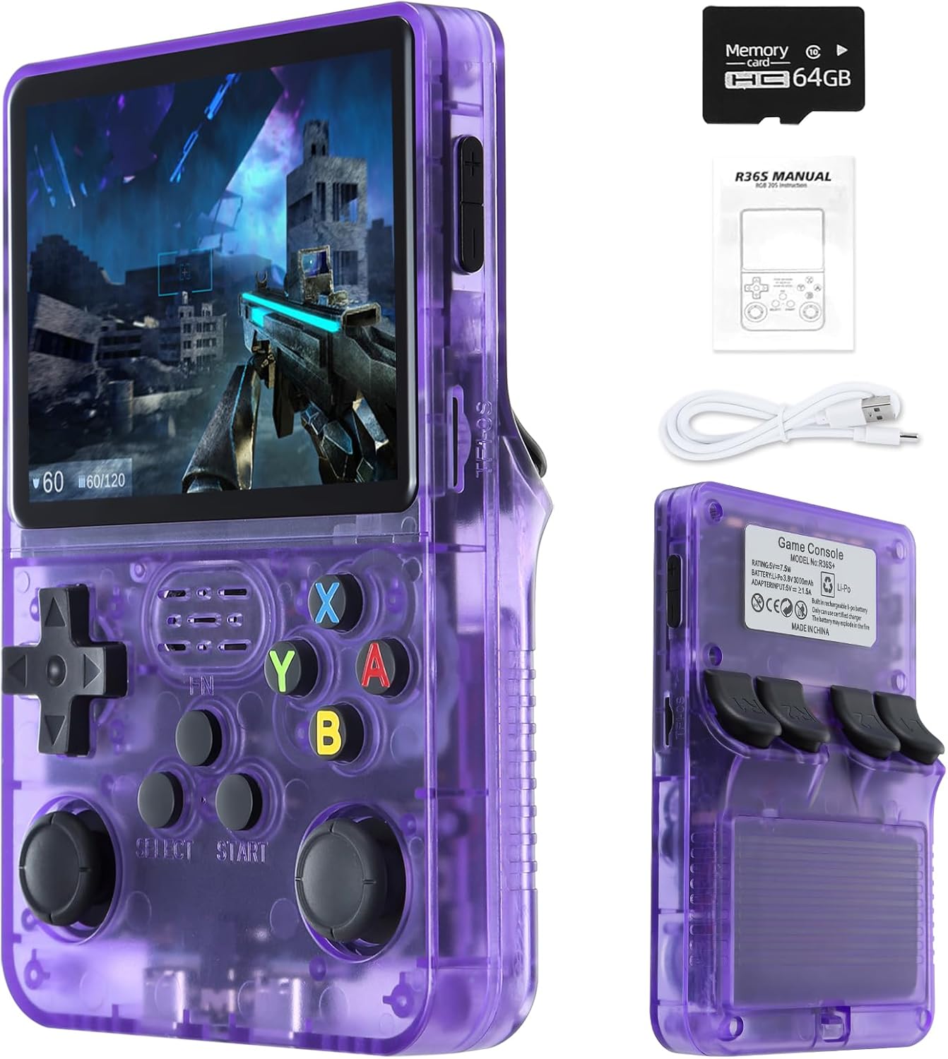 Sentk R36S Handheld Retro Game Console with Open Source Linux System, 3.5 Inch IPS Screen, 64G TF Card Retro Classic Games, Retro Games Console Handheld Emulator Console, 3200mAh Battery-Purple