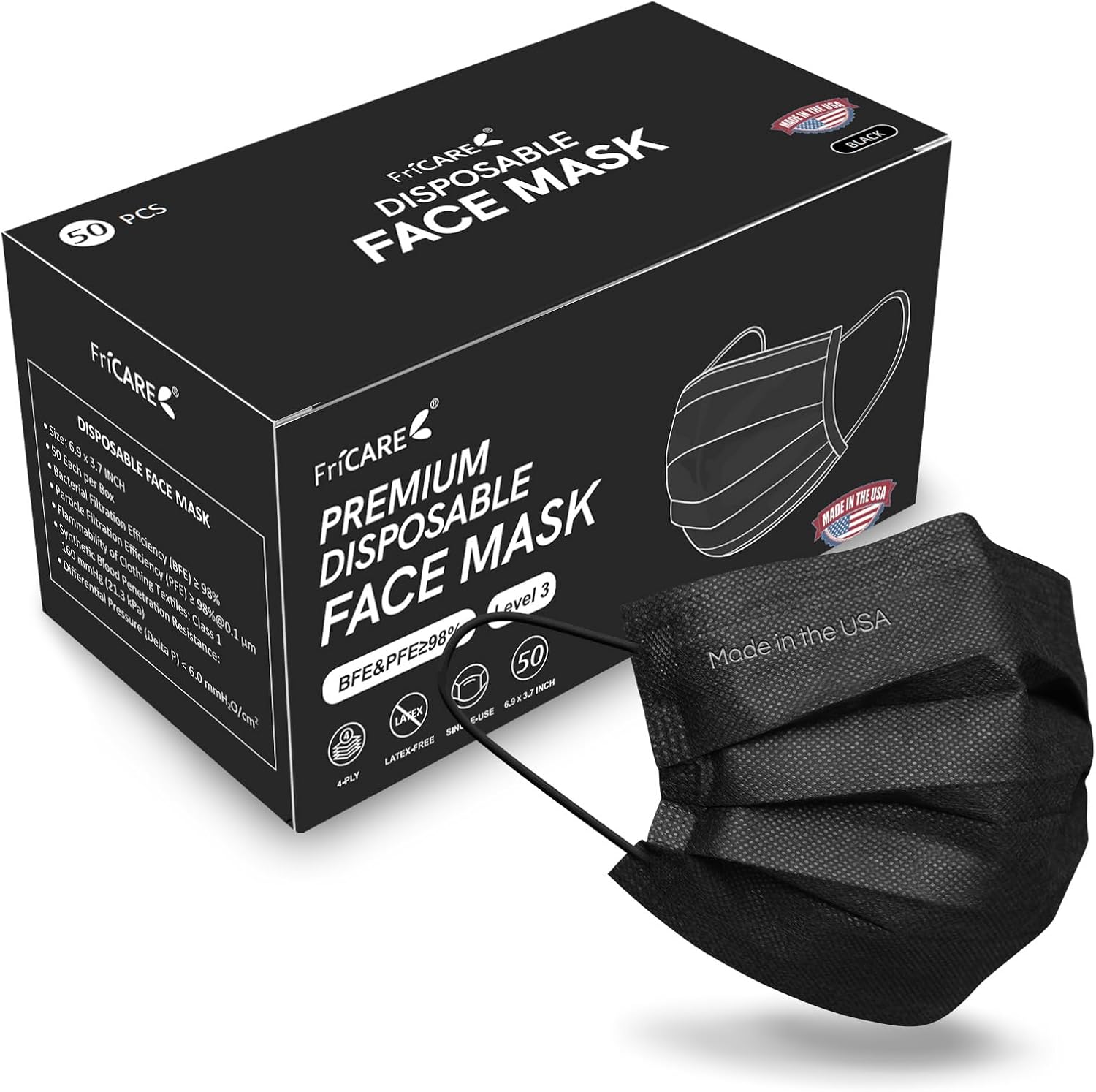 FriCARE Made in USA Disposable Face Masks, 4-Ply ASTM Level 3 Medical Grade, Breathable & Comfortable for Adult Daily Work/Sun Protection, 50 Pack Black