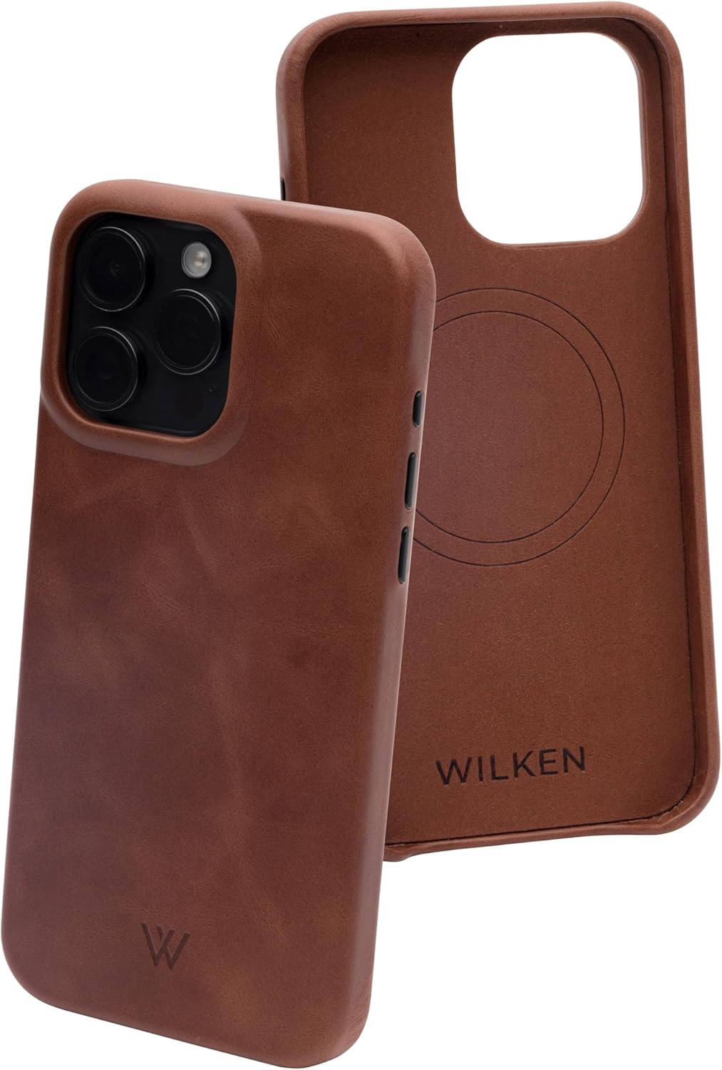 Wilken Leather Wrapped Case Compatible with iPhone 15 Pro | Compatible with MagSafe and Wireless Charging | Top Grain Leather | Custom Metal Button Controls (15 Pro, Brown)