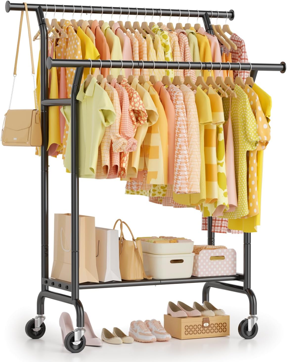 Heavy Duty Clothes Rail Load 120 KG, Double Rod Rolling Clothes Rack With Storage Shelves and 3 inch Big Wheels, Metal Clothing Rack Freestanding Rails For Bedroom, Office, Shop (Black)