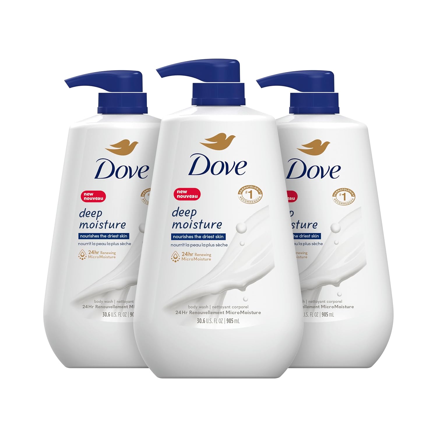 Dove Deep Moisture Body Wash 30.6 Fl Oz Pack of 3 with Pump, Luxurious Hydration for Dry Skin, Cleanser with 24hr Renewing MicroMoisture