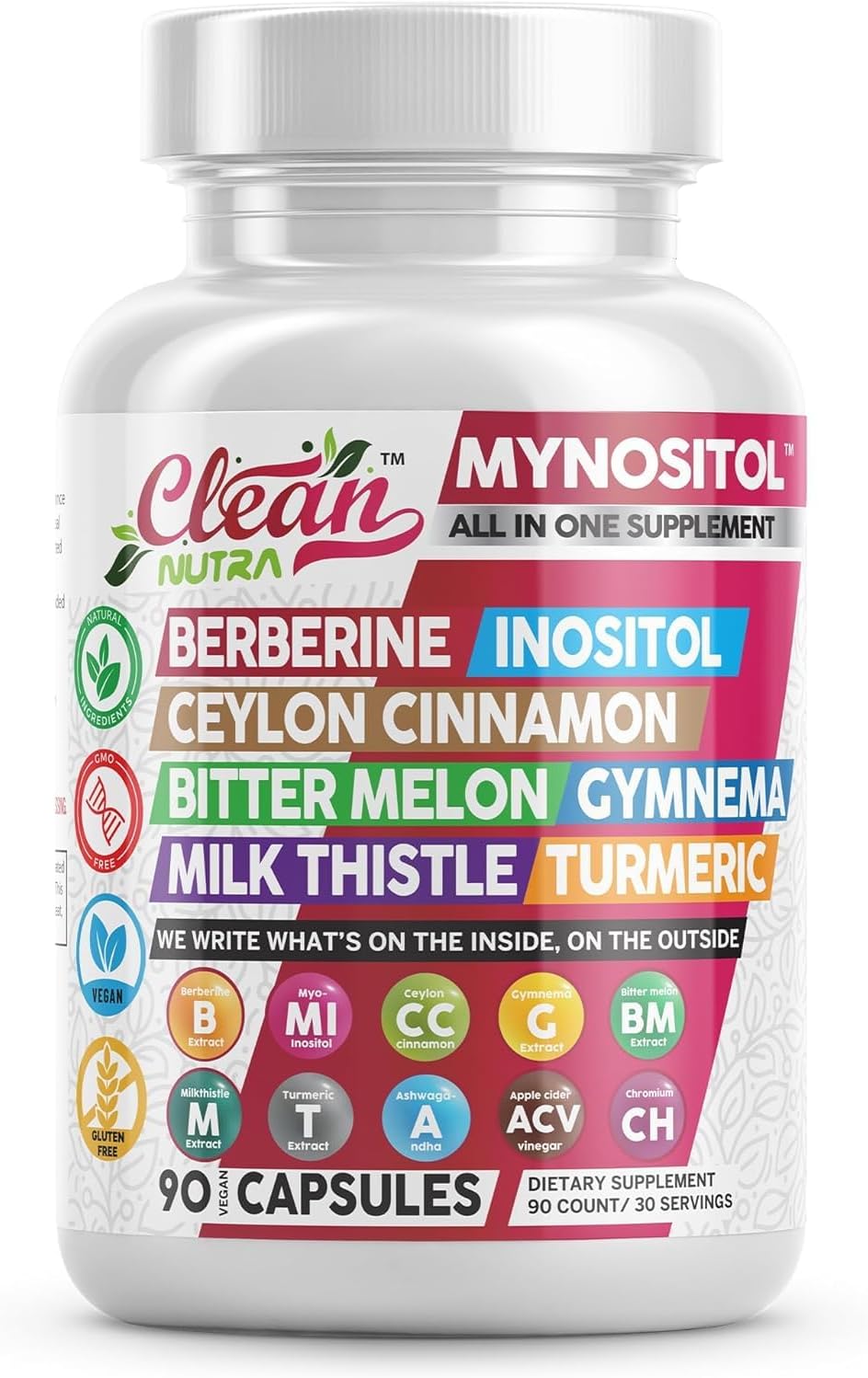 Clean Nutra Berberine Supplement with Ceylon Cinnamon, Bitter Melon, Inositol, Gynema Sylvestre, Milk Thistle, Turmeric Extract Berberis HCL Phytosome Capsules Vegan Supplements