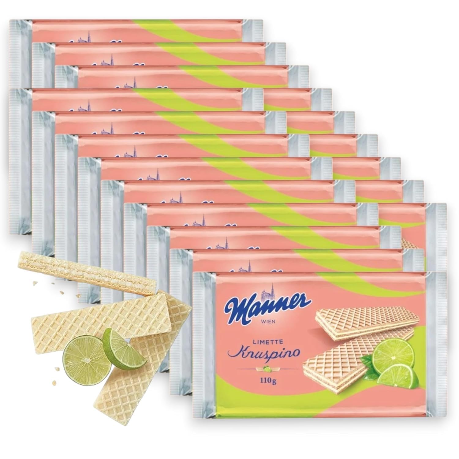 Manner Original Knuspino Lime 110g - Crispy Wafers with Zesty Lime Cream Filling for a Refreshing Snack - Snack with Natural Ingredients for Busy Families- Enjoy Lime Wafer for Home & Office- 24 Pack