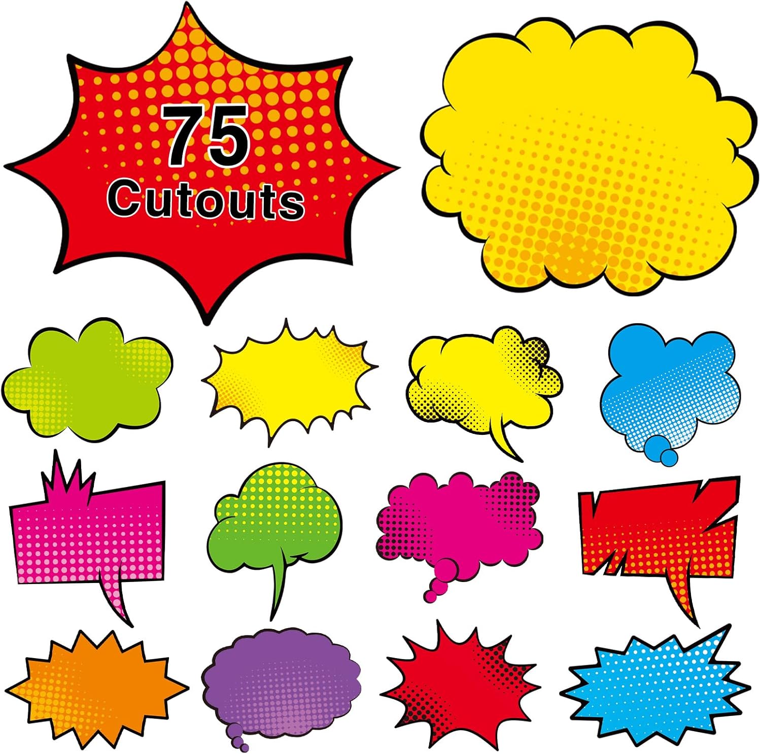 FindFunFine Super Hero Bulletin Board Cutouts 75 Pack Comic Superhero Classroom Party Decorations 25 Unique Designs Cardboard Cutouts For Kids School Wall Names Poster Decor