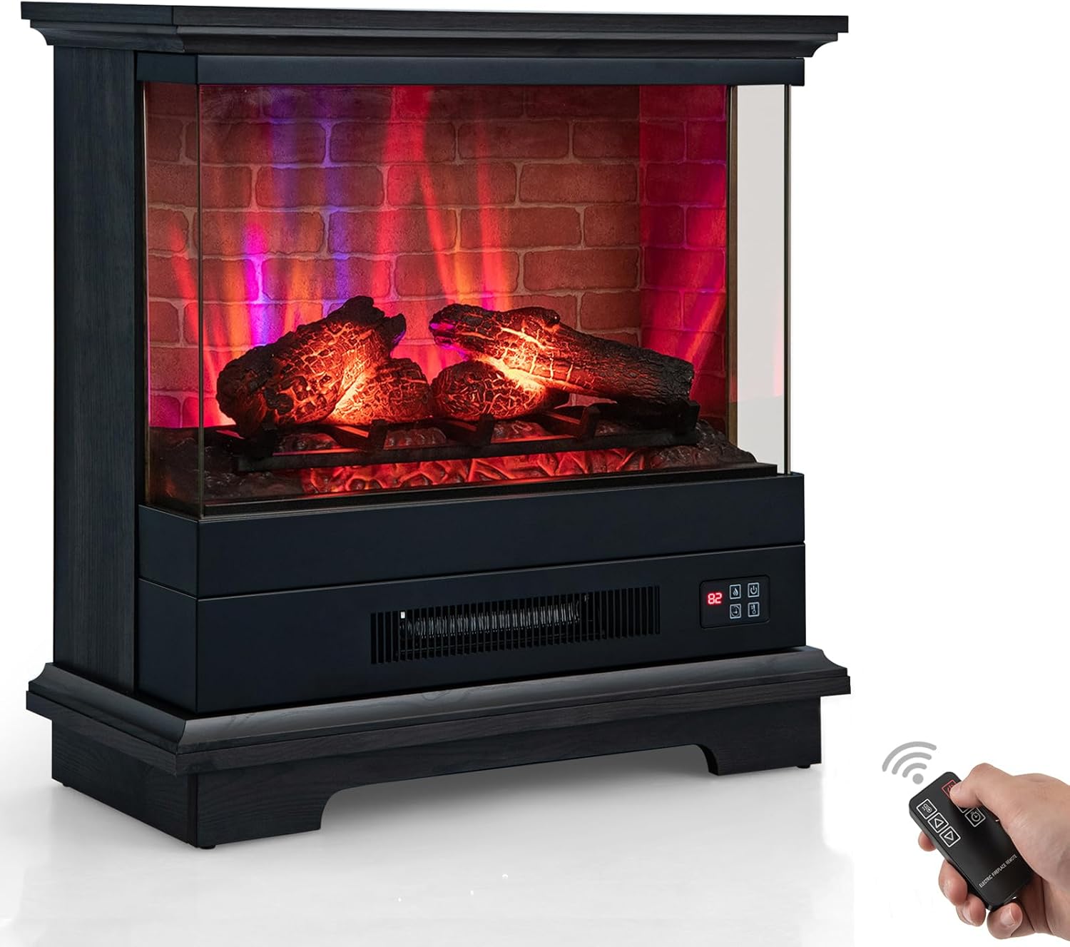 ORALNER 27” Electric Fireplace with Mantel, 3-Sided Glass View, Wooden Surround Firebox, Freestanding Fireplace Heater w/ 7 Flame Colors, Remote & 6H Timer, Overheat Protection, 1400W (Black)