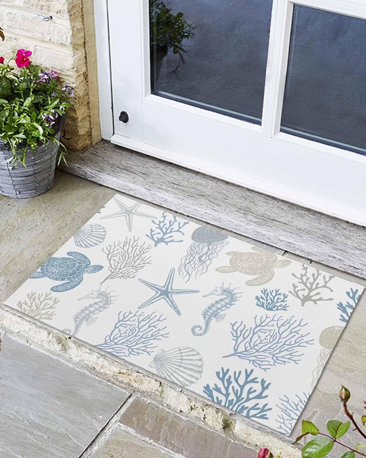 Indoor/Outdoor Door Mat Welcome Mats 16x24 Inch Non-Slip Rubber Entryway Mats Summer Ocean BlueTurtle Jellyfish Starfish Coral White Doormats for Home