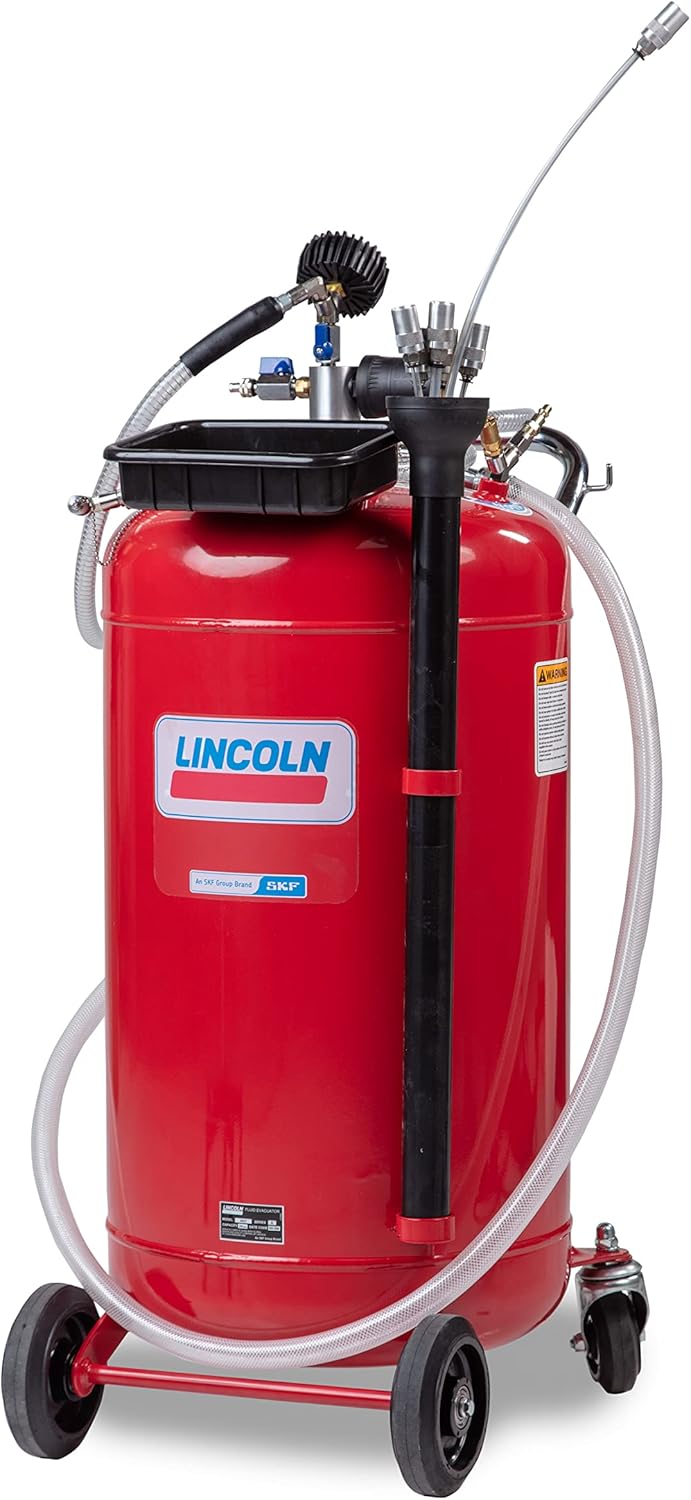 Lincoln 3637 25 Gallon Pneumatic Portable Self-evacuating Fluid Evacuator, Compressed Air-Operated Venturi, Built-in Regulator, Tool Tray, Tank-Mounted Clip, 4 Flexible and 2 Rigid Dipstick Wands