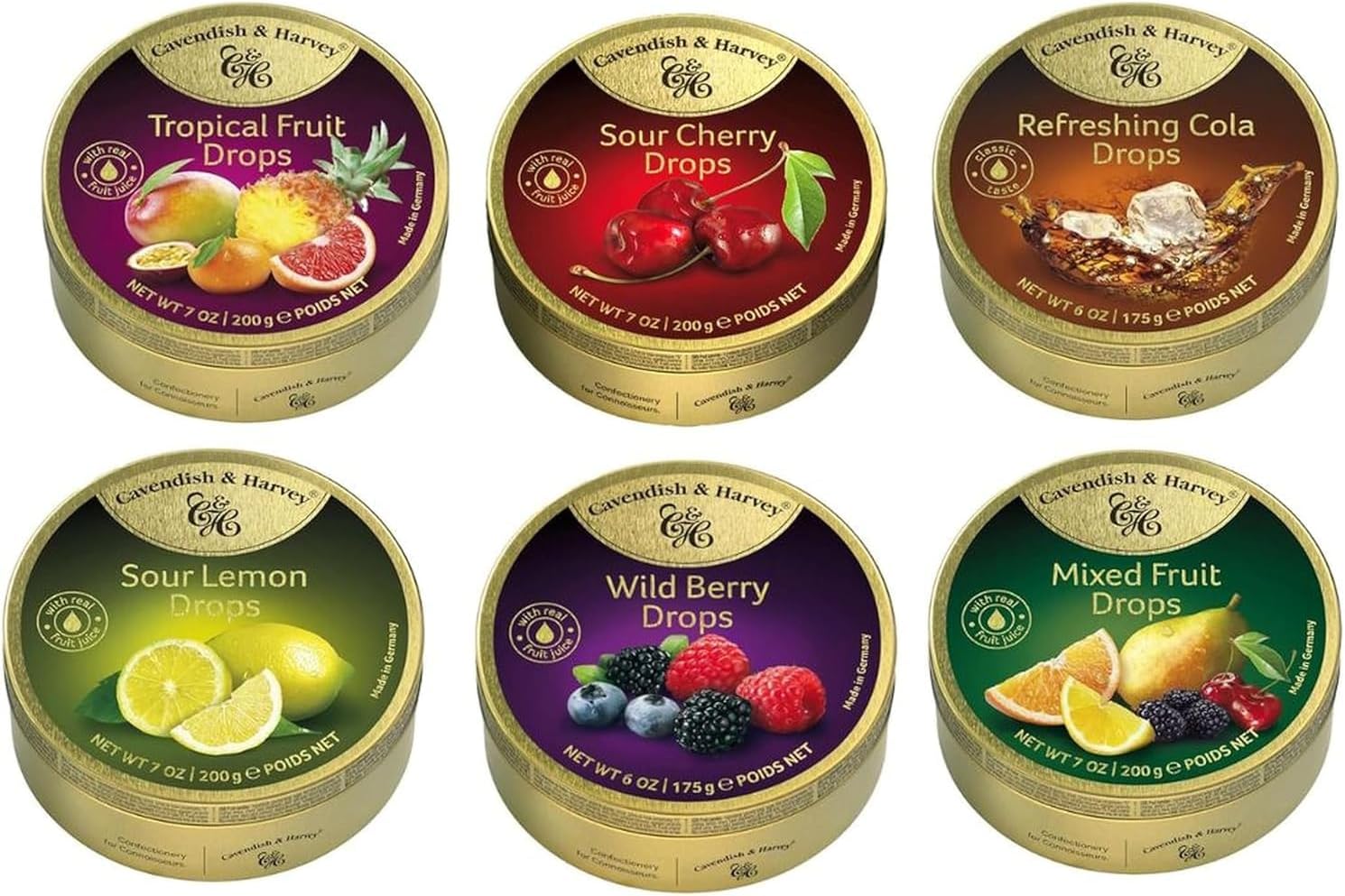 Cavendish & Harvey Hard Candy Drops Set, 6 Flavours, 175-200g Tins, Tropical Fruit, Sour Cherry, Cola, Sour Lemon, Wild Berry, Mixed Fruit