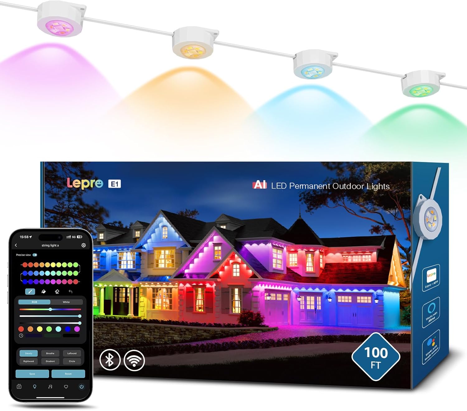 Lepro E1 AI Permanet Outdoor Lights, 100ft 60 LED RGB+IC+Warm/Cool White Smart Outside Light for House Christmas Decor, Alexa Google Enabled, 2.4 GHz WiFi/Bluetooth, APP Control NO Remote Controller