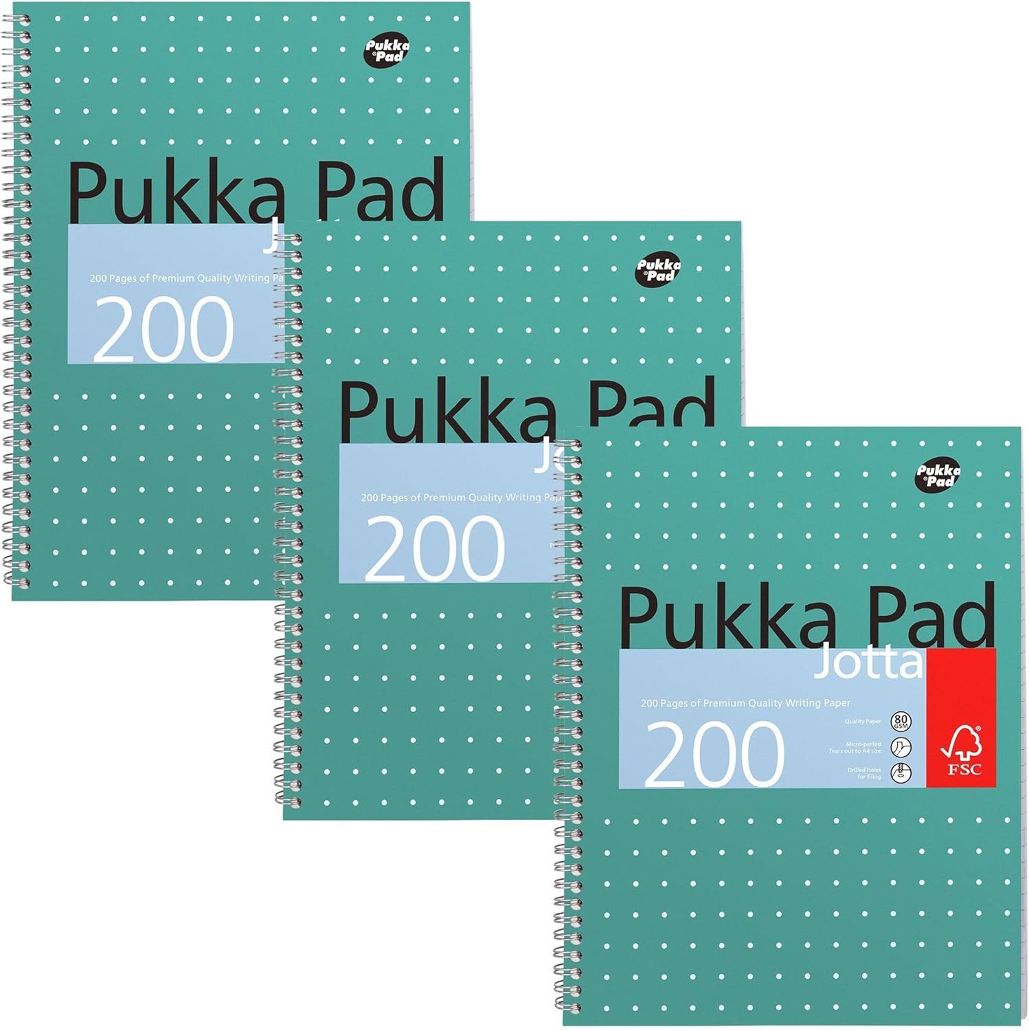 Pukka Pad, A4 Metallic Jotta Book 3 Pack – 21 x 30cm – Wirebound Notebook with 8mm Lines and 80GSM Paper – Features 4-Hole Punch Margins and Perforated Edges - 200 Pages, Green