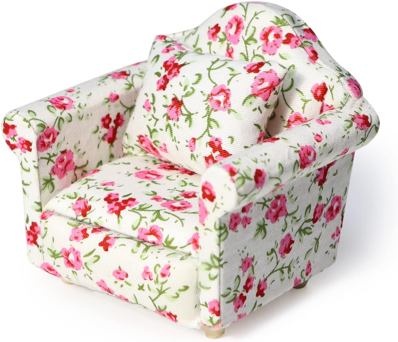 Dollhouse Couch with Pillow 1 12 Scale Miniature Sofa Arm Chair Living Room Furniture Wooden Fabric Frame Single Reading Chair Artificial House Room Scene Decoration (Rose Floral)