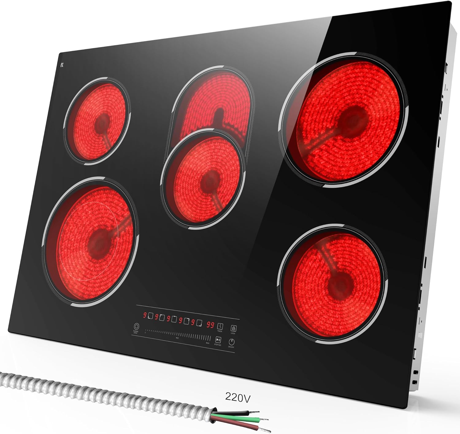 5 Burner Electric Cooktop, 30 Inch 8400W Built-in Electric Stovetop, Glass Ceramic Cooktop with Expanded Zone, Slide Touch Control, Child Lock, Timer, Pause, 220V - 240V Hard Wire, No Plug
