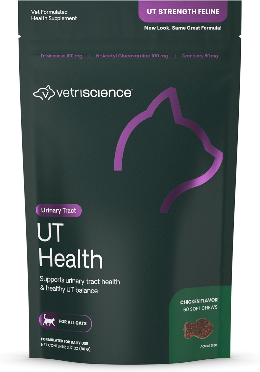 VetriScience UT Health Chews, UT Strength Cranberry and D-Mannose Bladder & Urinary Tract Supplement for Cats, With Bromelain and Probiotics, Chicken, 60 Count