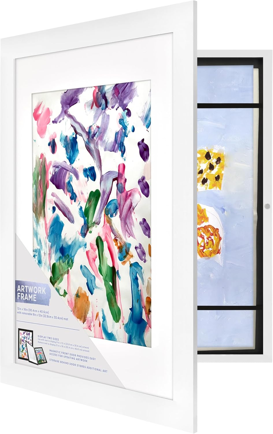 MCS Kids Art Frame 12x16 Matted with 9x12 Opening, White Changeable Magnetic Picture Frame Kids Artwork Storage Display for Walls (1-Pack)