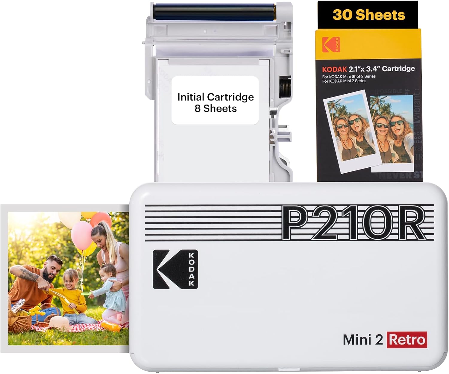 Kodak Mini 2 Retro 4PASS Portable Photo Printer, 2.1x3.4 inches, 38 Sheets Bundle, White