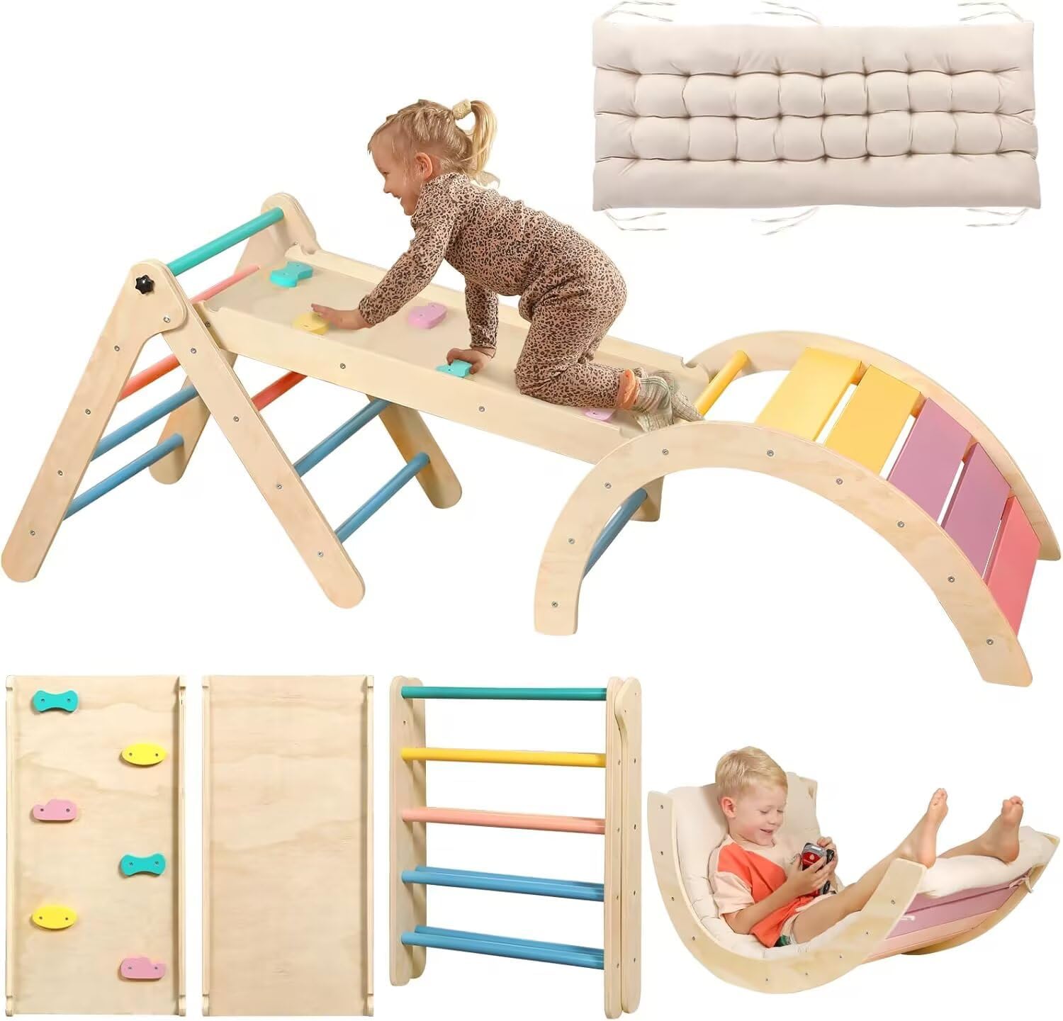 Pikler Triangle Set with Cushion, 7 in 1 Toddler Climbing Toys Indoor