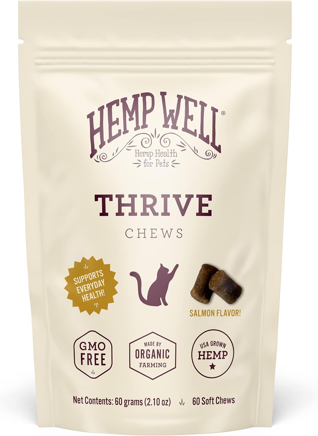 Hemp Well Thrive Cat Soft Chews - 60 Count, Everyday Supplement for Overall Health, Supports Hip, Joint, Heart Health, Organically Sourced, Omega 3 for Cats, Natural Cat Treats & Supplements