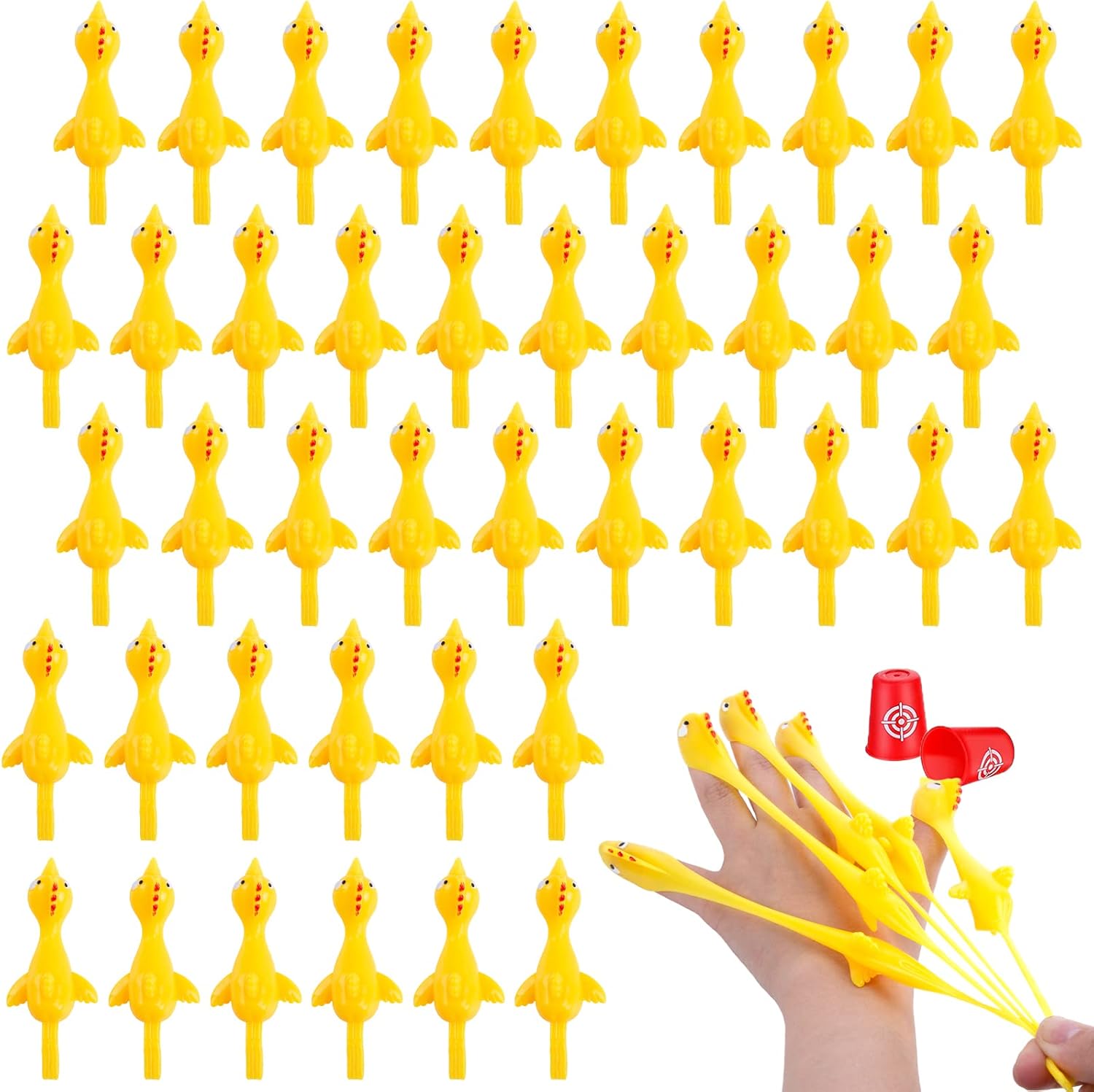 POPLAY 42PCS Flying Chicken Slingshot, Flicking Rubber Chickens Sling Shot Funny Gag Gifts for Kids Adults Party Favors Birthday Goodie Bags Stuffers Novelty Classroom Exchange Gifts
