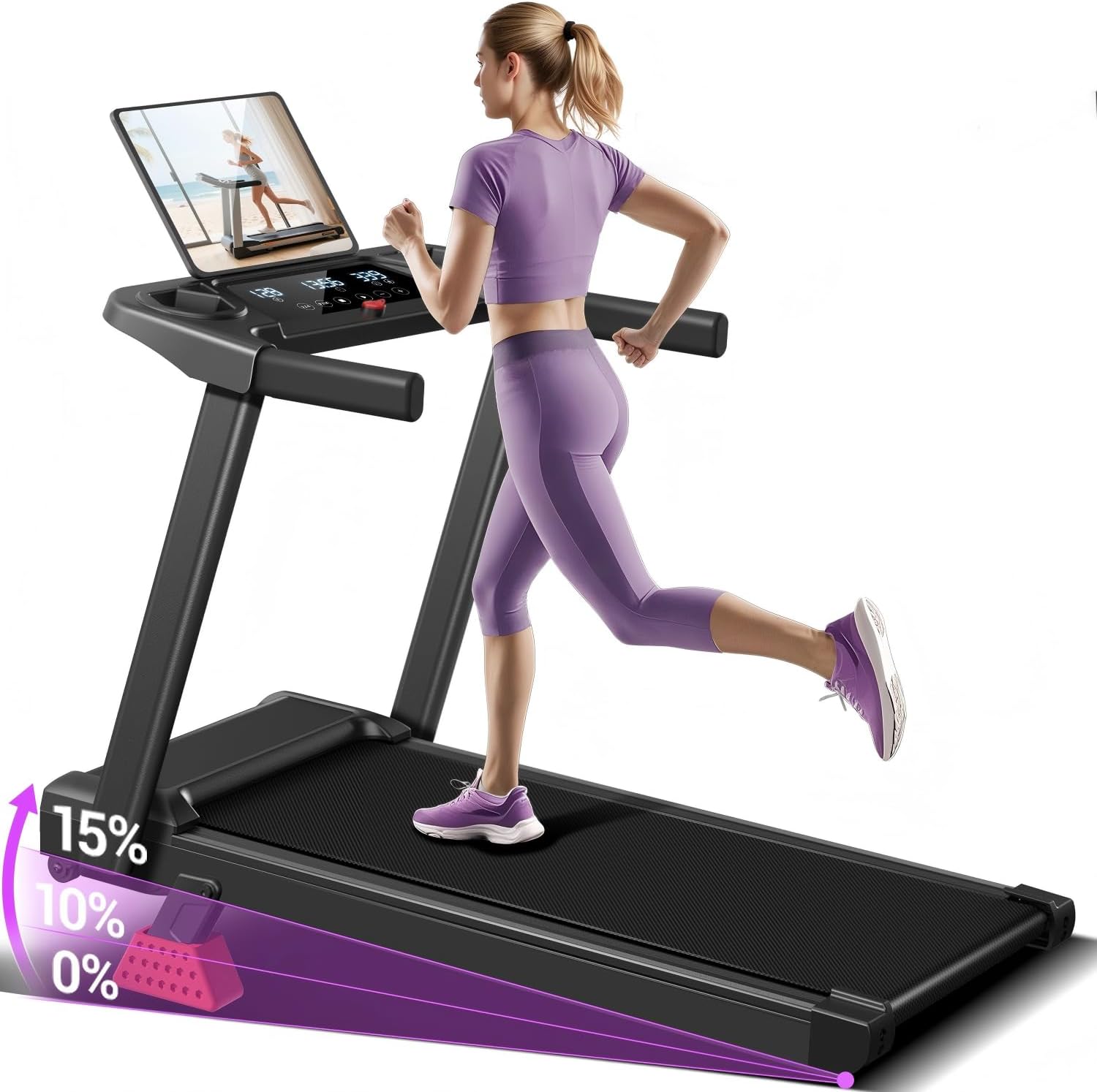 Treadmill with 15% Incline, 3-in-1 Portable Treadmills with Handle for Home and Office, Foldable Treadmills with 136 KG Weight Capacity, 3.0HP Quiet Walking Pad Treadmill, Three Touch Screen