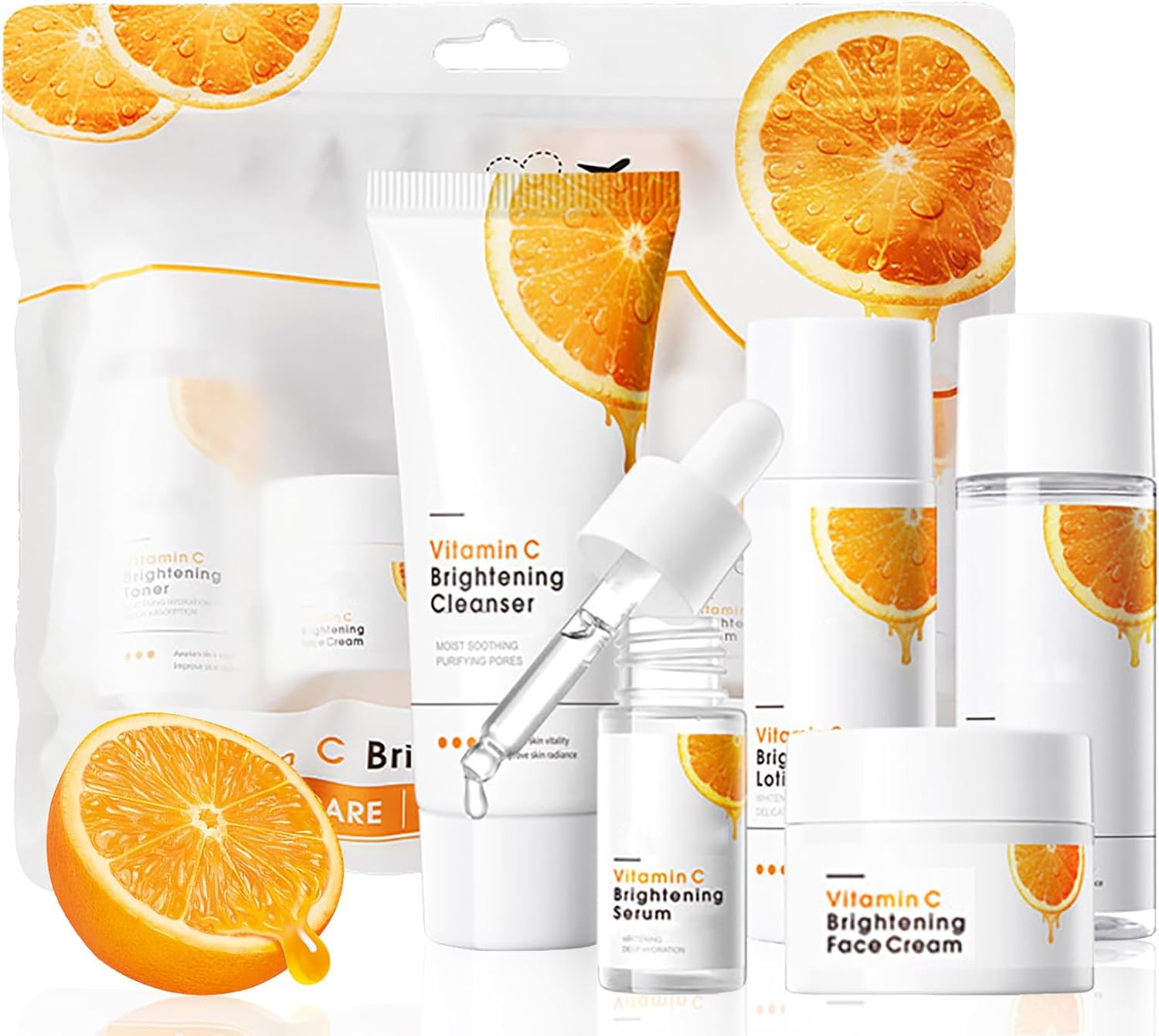 5PCS Vitamin C Travel Skincare Set - Glowing Facial Kit with Cleanser, Toner, Face Serum, Moisturising Cream & Lotion - Anti-Ageing & Hydrating Skin Care Set - Pamper Gift Set for Women Teenage Girls