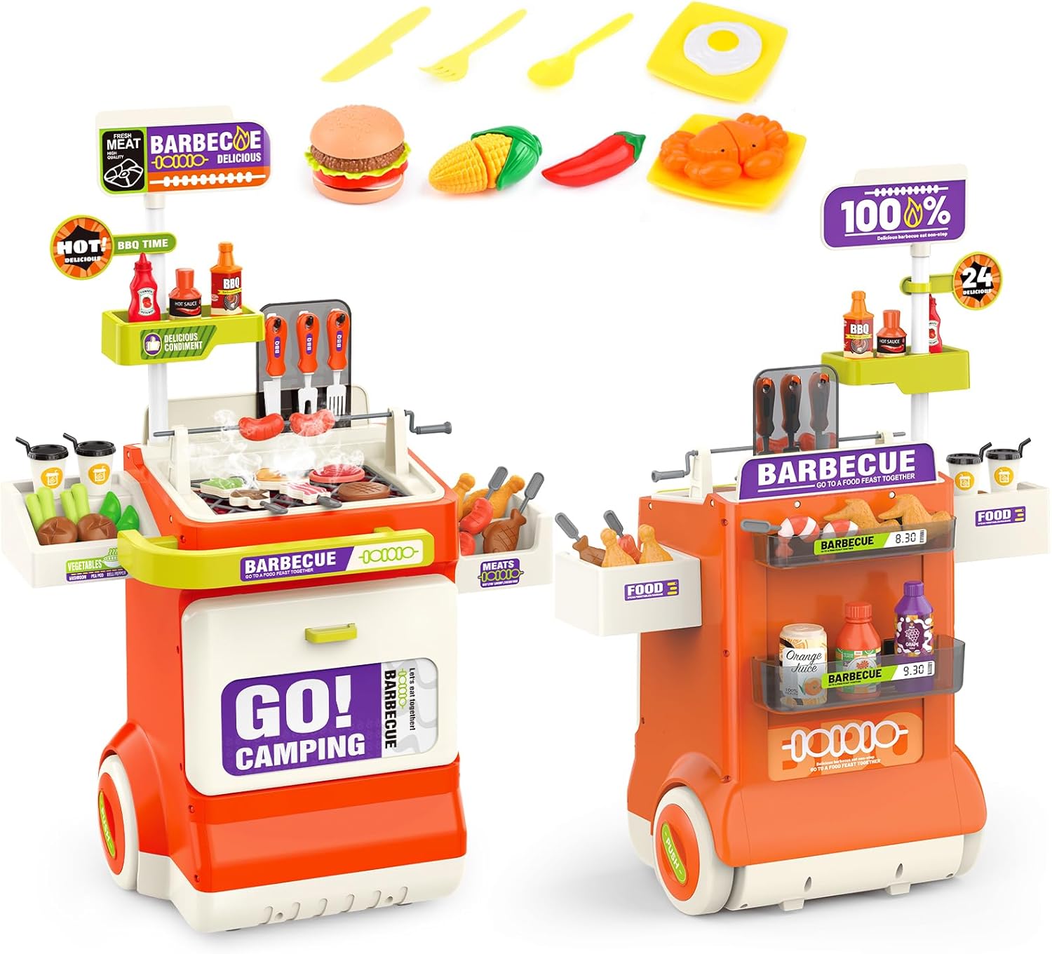 Barbecue Grill Toy Set, Kids BBQ Kitchen Playset with Smoke, Sound& Light, Pretend Play Food Barbecue Cooking Game Toys,Indoor&Outdoor Play Grill Cart Toy Gift for Kids Boys Girls Ages 3+ (Orange)