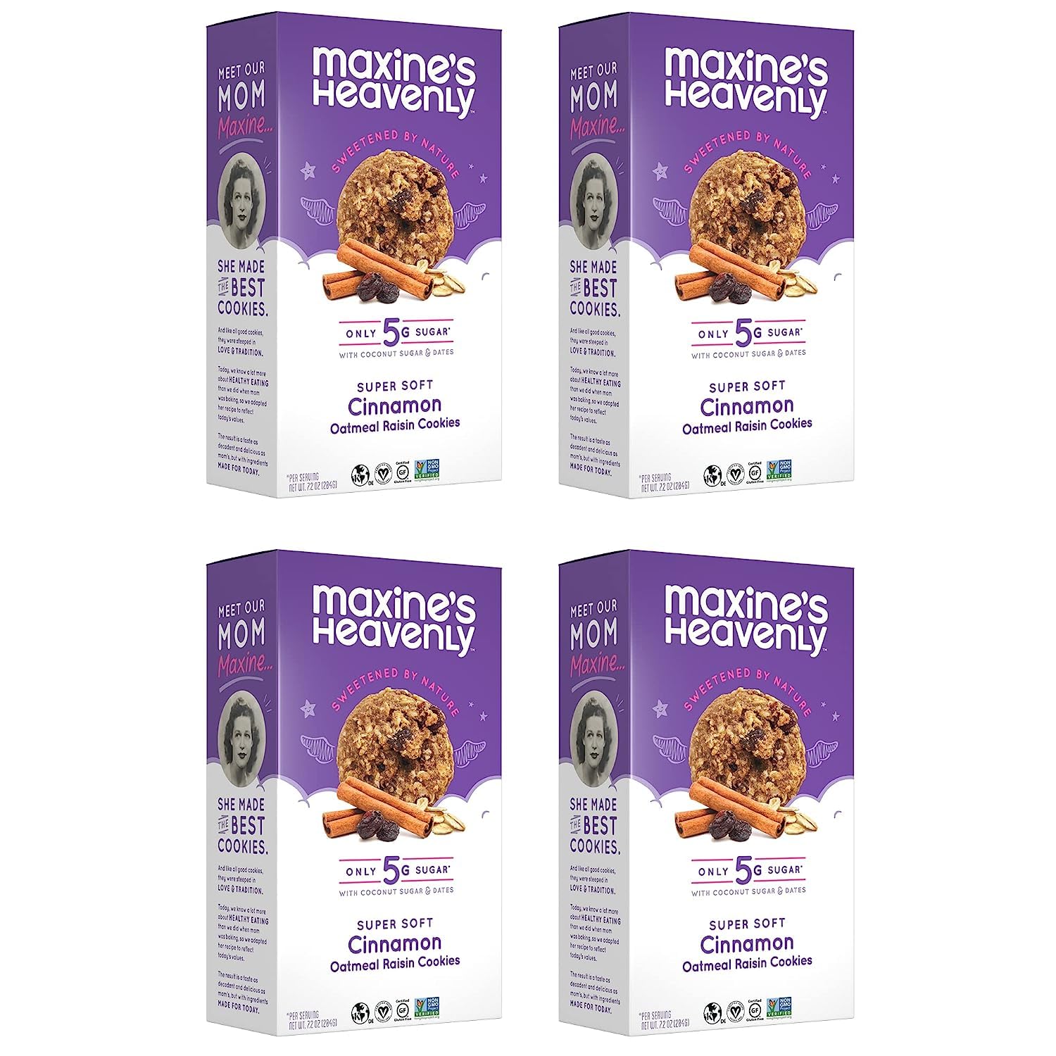Maxine's Heavenly Cinnamon Oatmeal Raisin Cookies | Gluten Free, Made with Oats, Sweetened with Coconut Sugar & Dates | Tasty Low Sugar Vegan Dessert | 7.2 Ounces Each (4 pack)