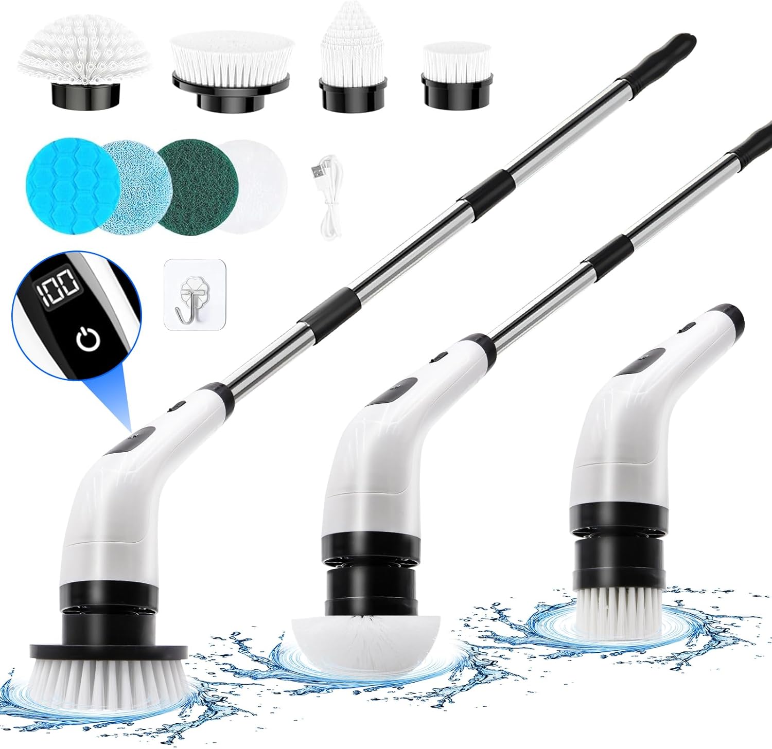 SINZUX Electric Spin Scrubber, Floor Scrubbing Brush with 8 Replaceable Brush Heads, Electric Cleaning Brush with LED Display and Adjustable Extension Handle, Power Scrubber for Bathroom Kitchen Car