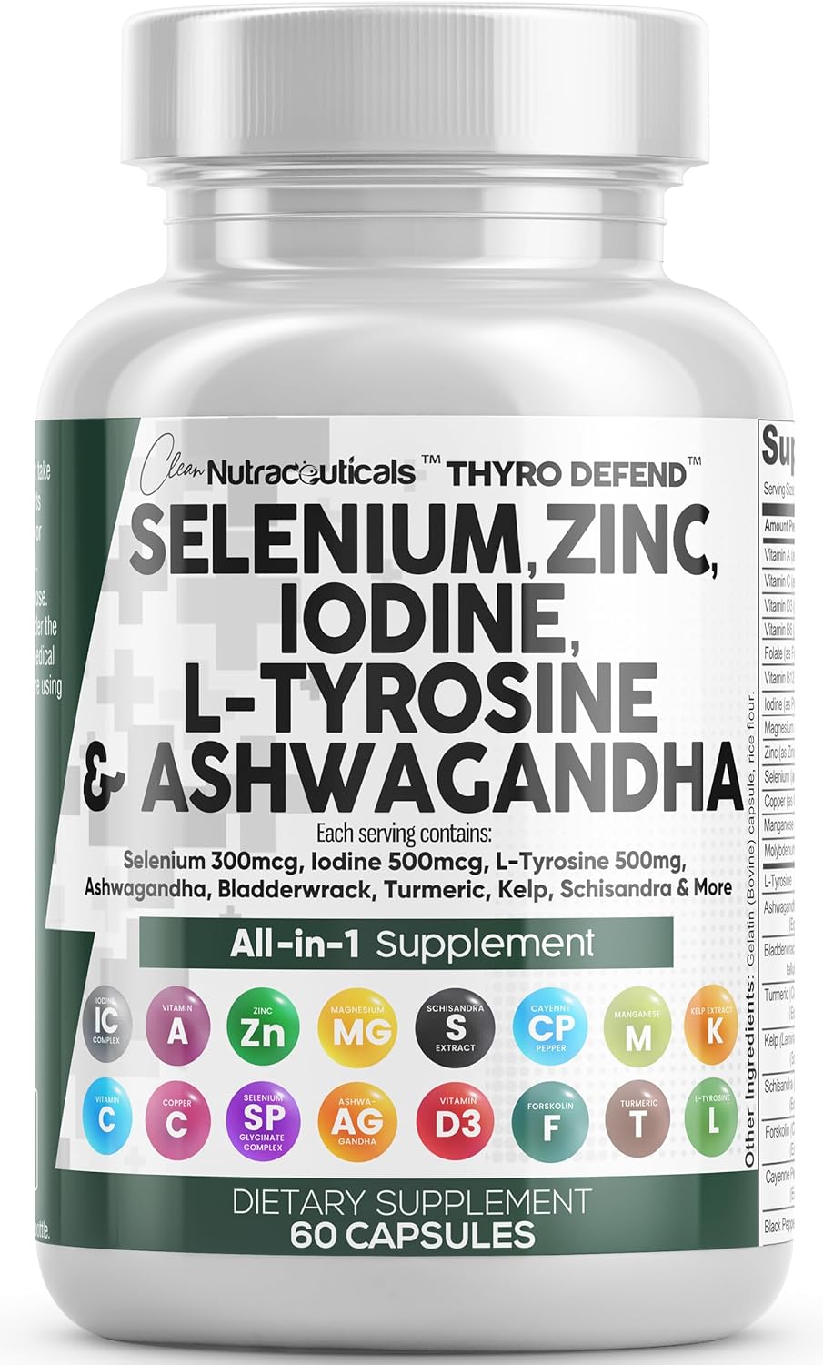 Clean Nutra Selenium 300mcg Iodine 500mcg Thyroid Support for Women & Men | L Tyrosine 500mg Ashwagandha Supplement Bladderwrack, Turmeric, Kelp, Schisandra Zinc Pills Capsule Supplements