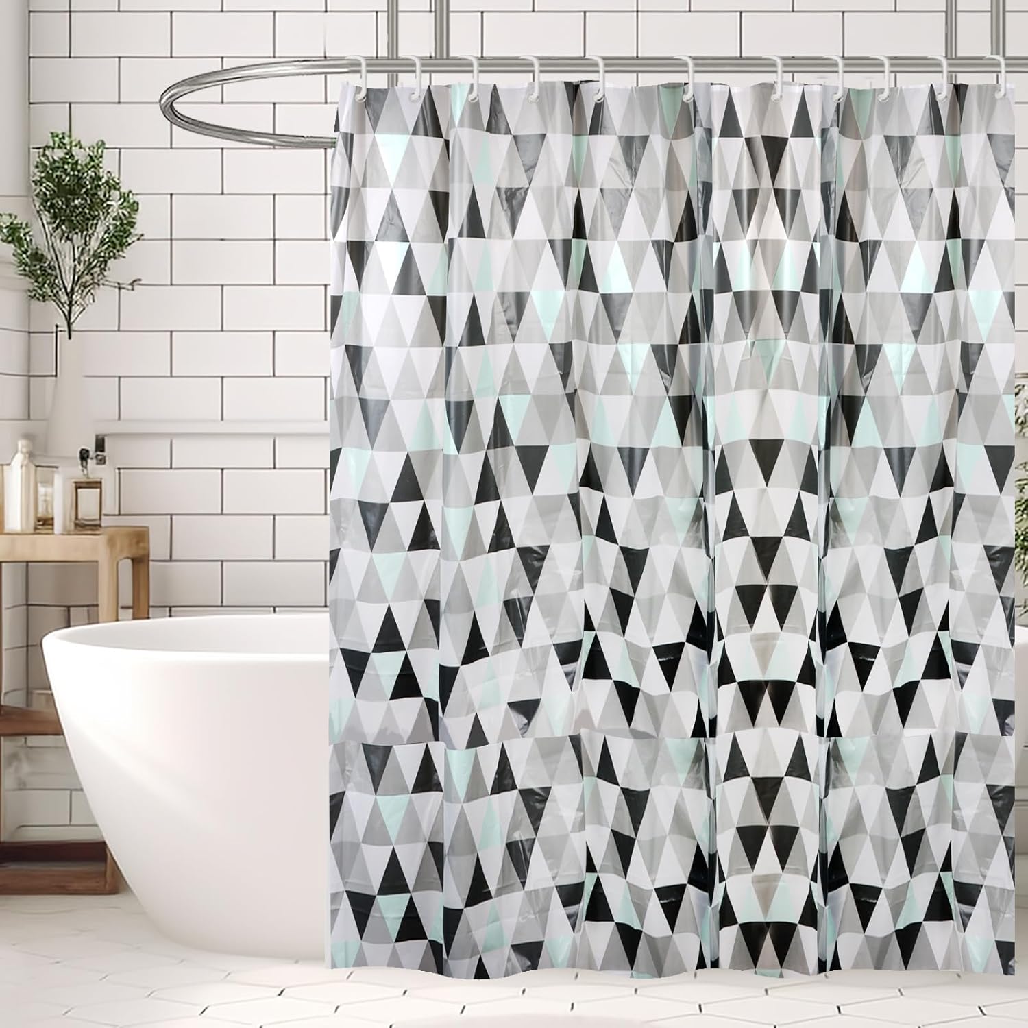 Minicoco Shower Curtains Mould Proof Resistant EVA Washable Shower Curtain Anti-Mould Waterproof Shower Curtains with 12 Hooks for Wet Room, Bathroom, 180 x 180 cm (Triangular Diamond)