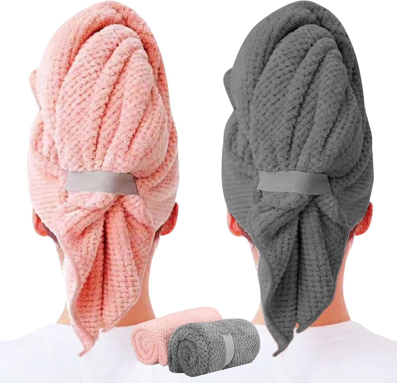 2 Pack Microfiber Hair Drying Towels, 100 x 60cm, Pink/Grey, Super Absorbent, Super Soft, Fast Drying Turbans for Long, Thick, Curly Hair - Anti Frizz Wrap with Elastic Strap