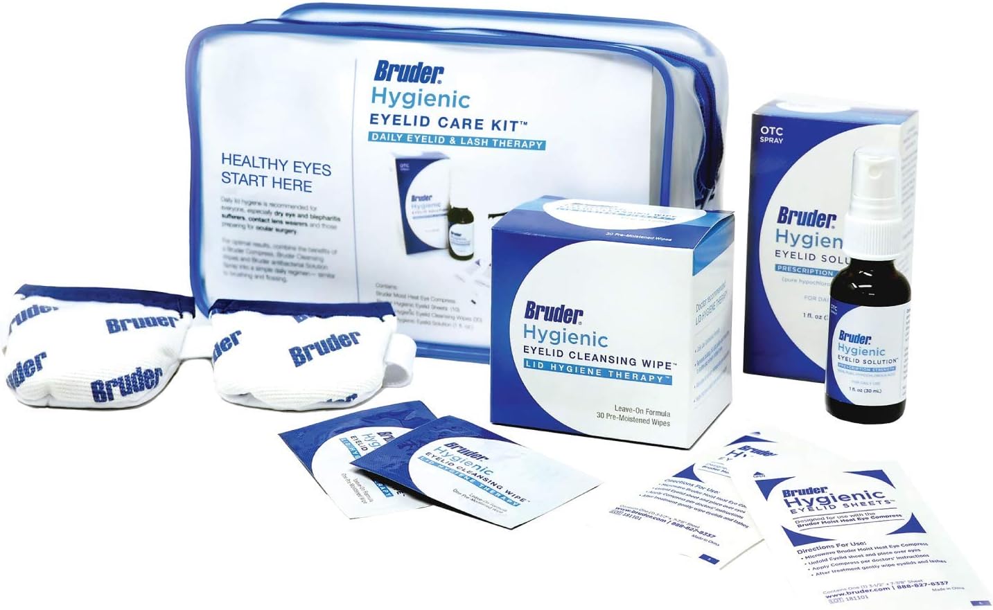 Bruder Hygienic Eyelid Care Kit - Moist Heat Eye Compress Mask, Eyelid Cleansing Wipes & Spray - Soothe Dry Eyes & Improve Health