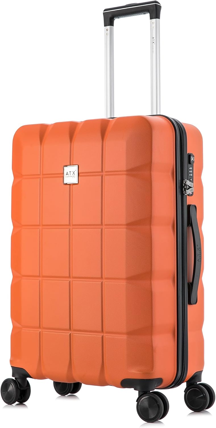 ATX Luggage Medium Suitcase on 4 Dual Spinner Wheels Super Lightweight ABS Hard Shell Hold Check in with Built-in TSA Lock (Orange, 65Liter)