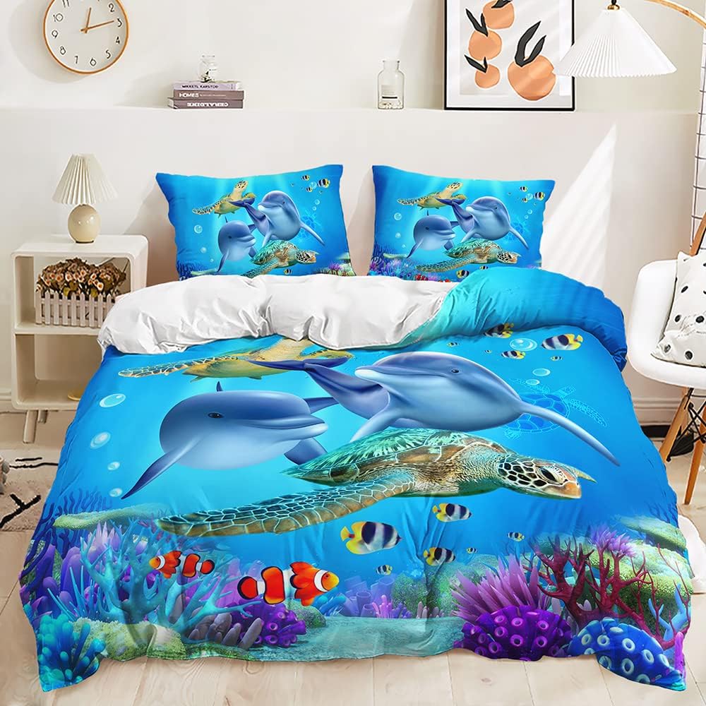 HAVOP Dolphin Duvet Cover Set Double Size 3D Bedding Kids Boys Girls Dolphin Turtle Sea Animals Print 3d Comforter Cover Soft Quilt Cover All Season Bedding Set Blue