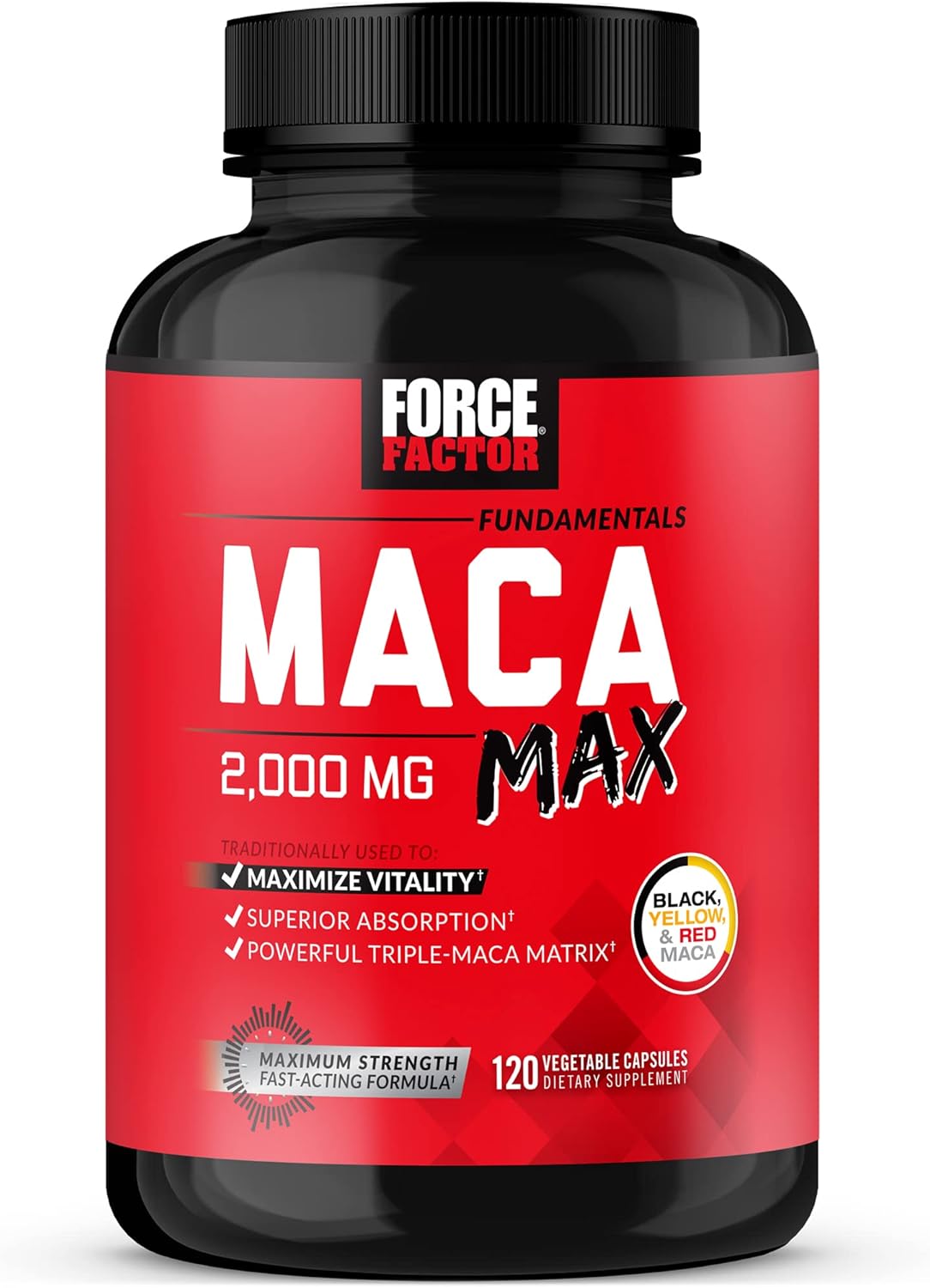 Force Factor Maca Max, Maca Root Capsules to Maximize Vitality & Performance, Made with Black Maca, Red Maca, & Yellow Maca Powder, Maca Root Powder, 2000mg, 120 Capsules