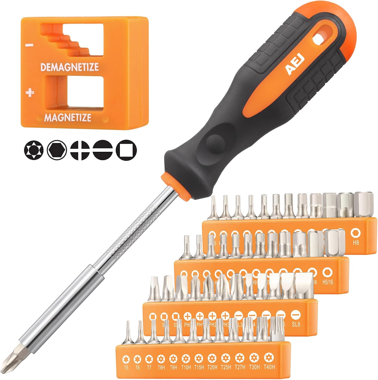 AEJ 50-Pack Screwdriver Bit Set, Hex Head Drill Bit Set, Torx Square Slotted Phillips Bit Set with Screwdriver Bit Holder and Magnetizer Demagnetizer, 1/4 Hex Shank, S2 Steel, 1"Long