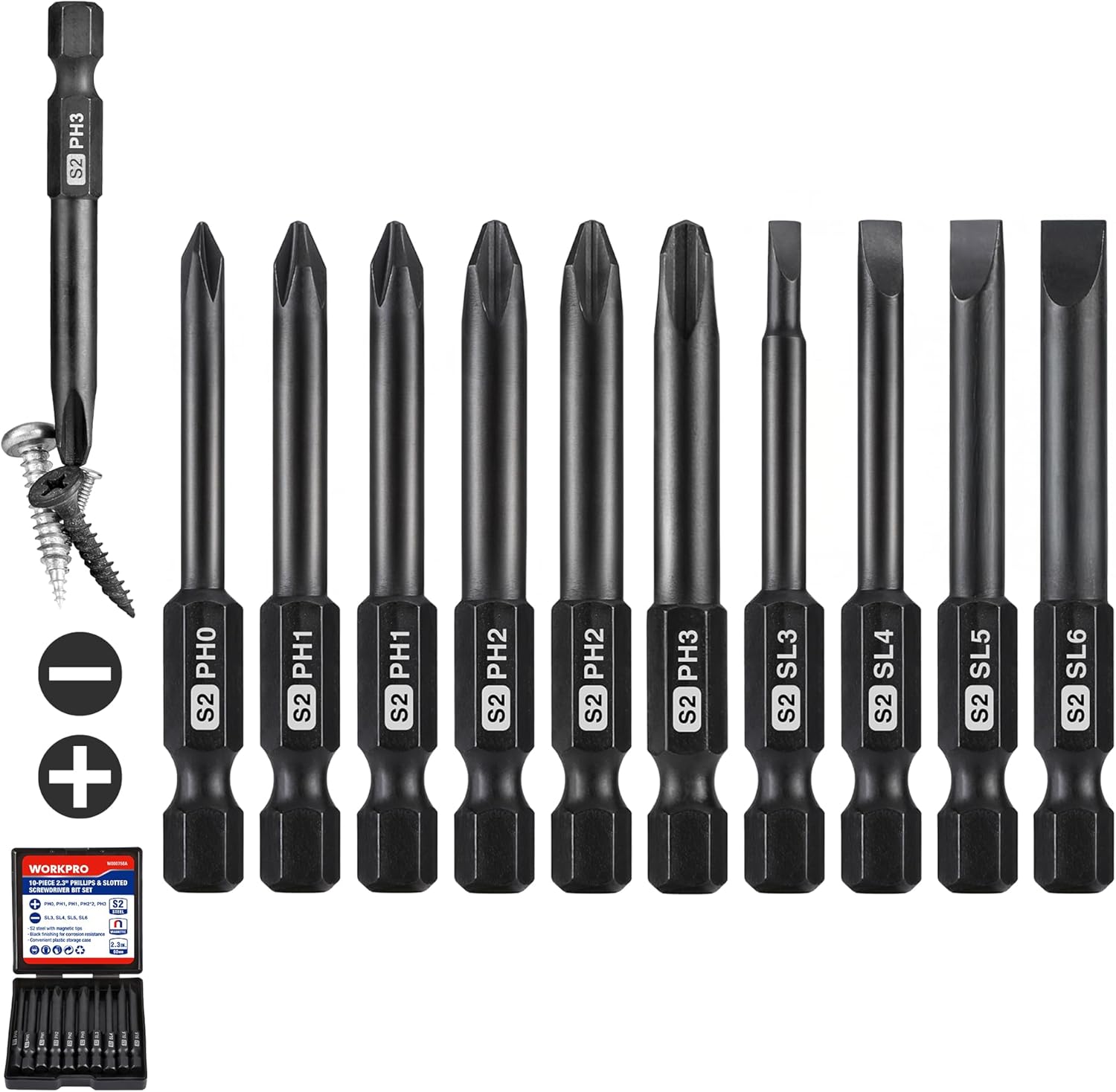 WORKPRO 10pcs Slotted Phillips Screwdriver Bit Set, CNC Machined S2 Steel Magnetic Screwdriver Bits Set, 1/4 Inch Hex Shank Driver Bits, 2.3 Inch Long Screwdriver Bits Set with Storage Box