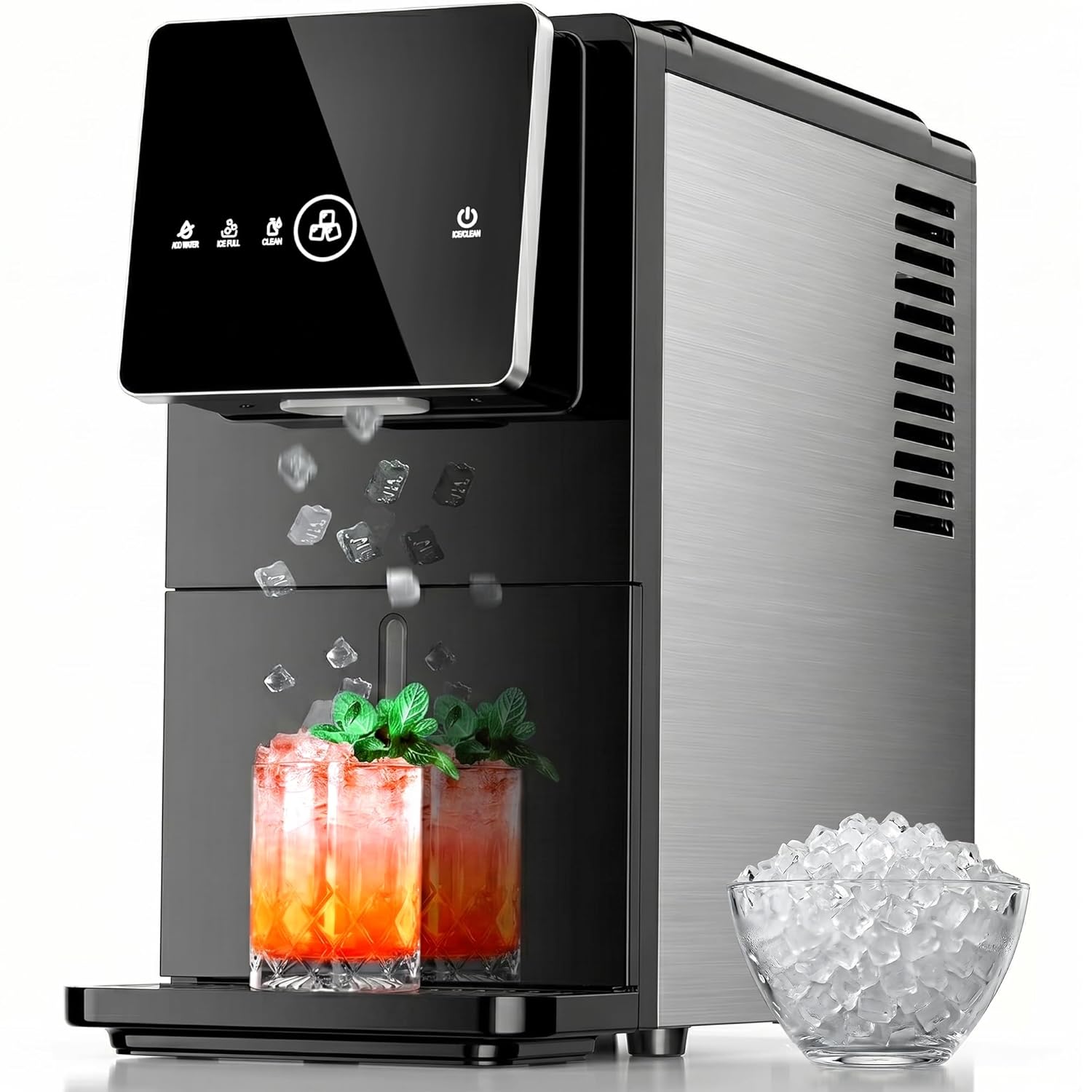 Kismile Nugget Ice Maker Countertop, 33LBS/24H Ice Machine with Soft Chewable Ice, One-Click, Self-Cleaning Function, Stainless Steel Ice Maker with Indicator Lights for Home/Kitchen(Black)