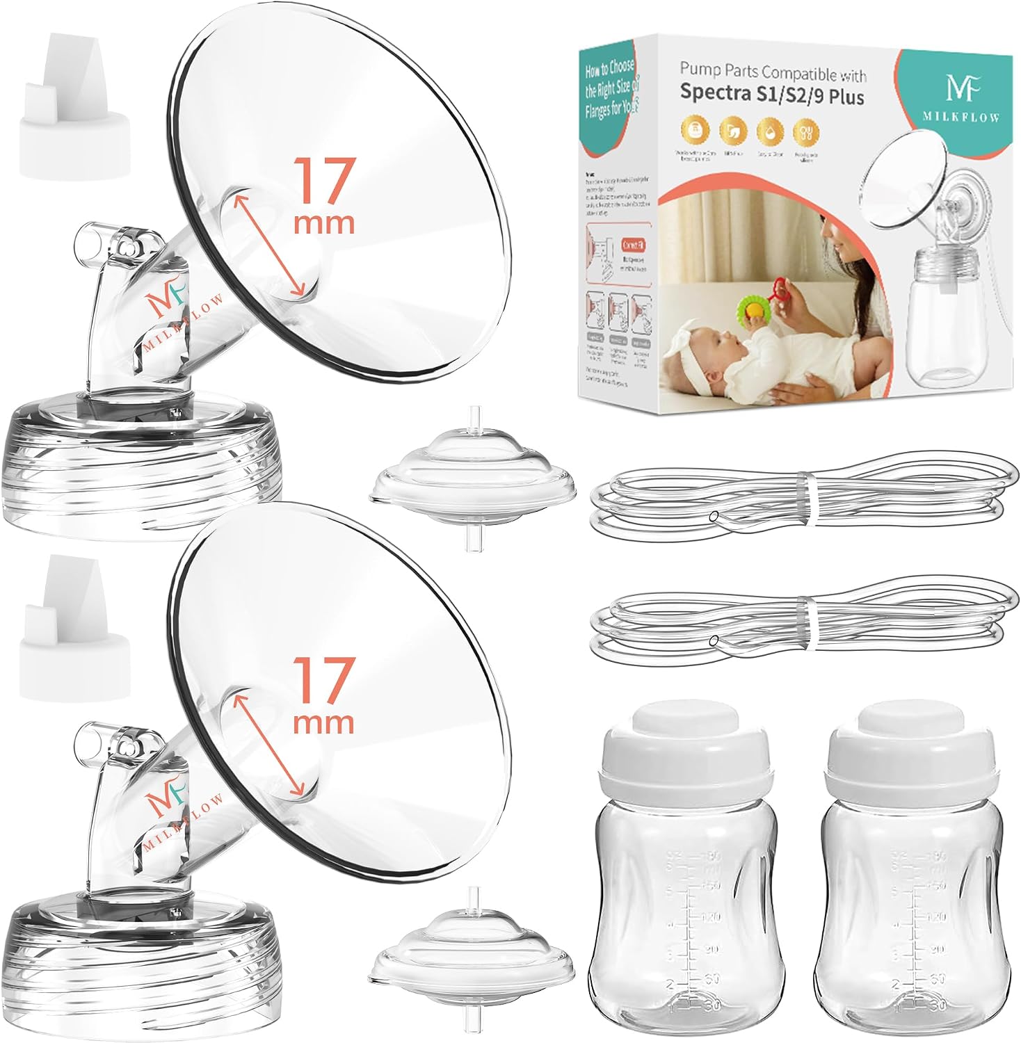 Breast Pump Parts Compatible with Spectra S1,S2,S9 Plus, Replacement Kit for Spectra Pump Parts 2PC Include 17 mm Flange, Duckbill Valve, Tube,Bottle, Backflow Protector, Not Original Accessories